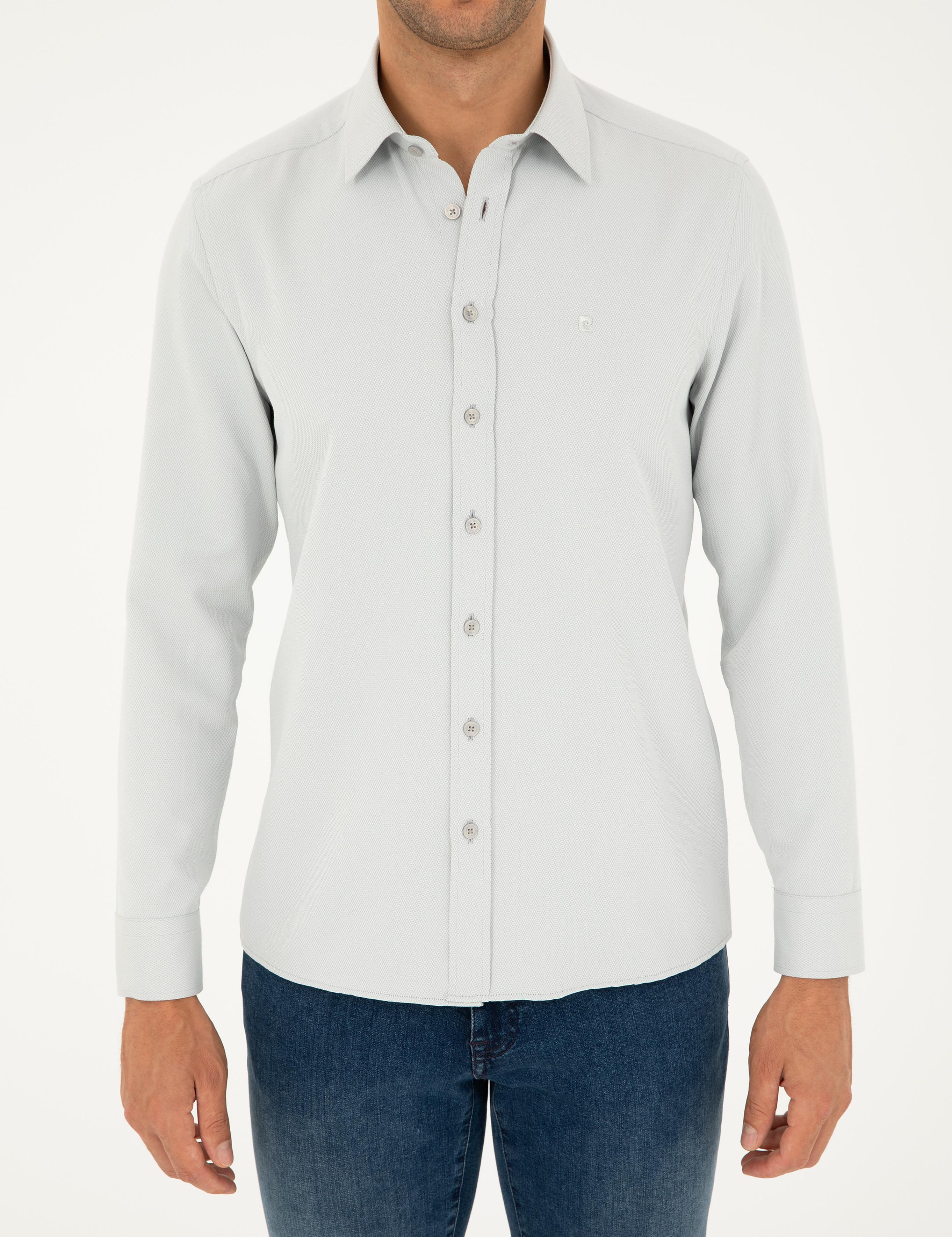 Gri Slim Fit Armürlü Uzun Kollu Gömlek