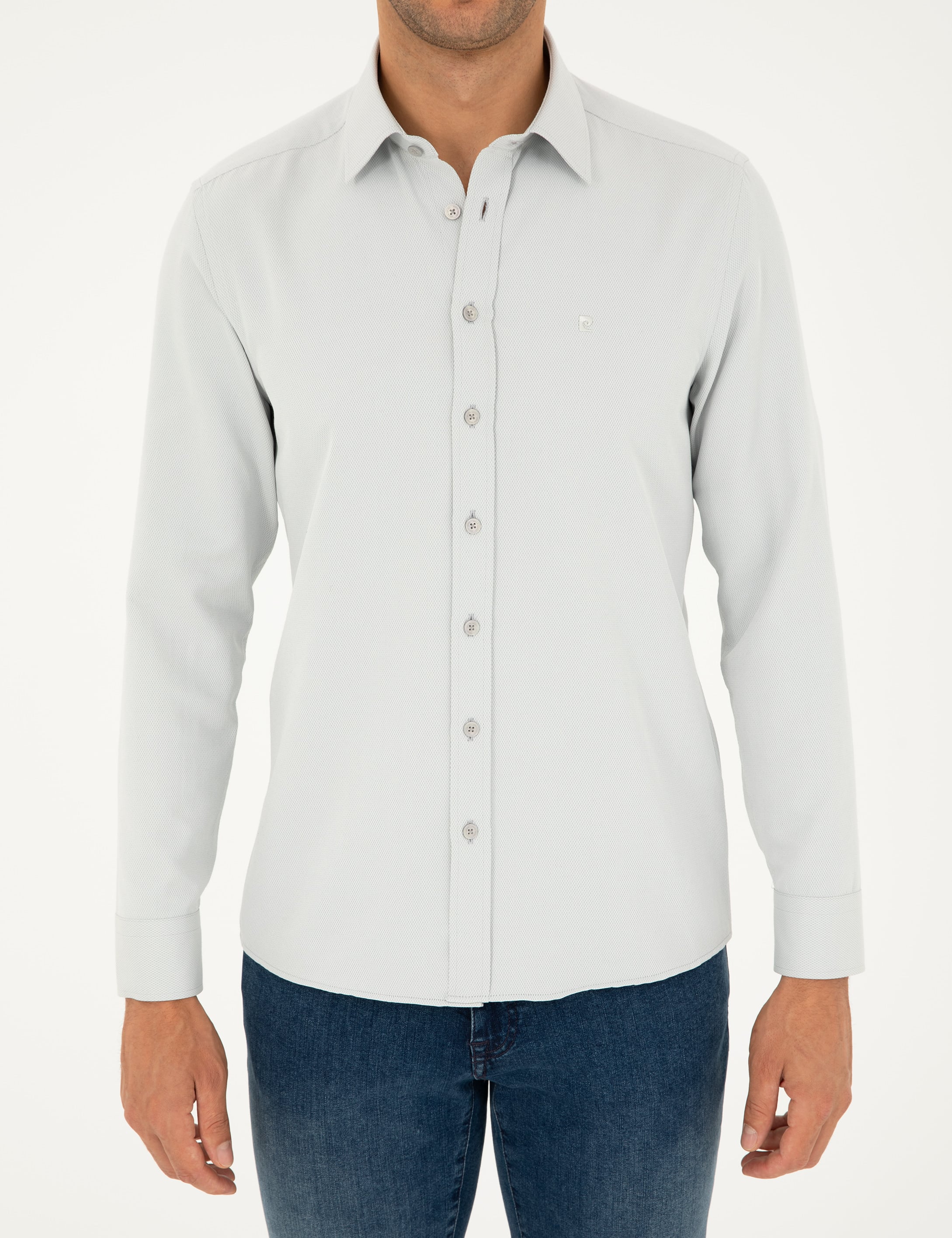 Gri Slim Fit Armürlü Uzun Kollu Gömlek - Image 6