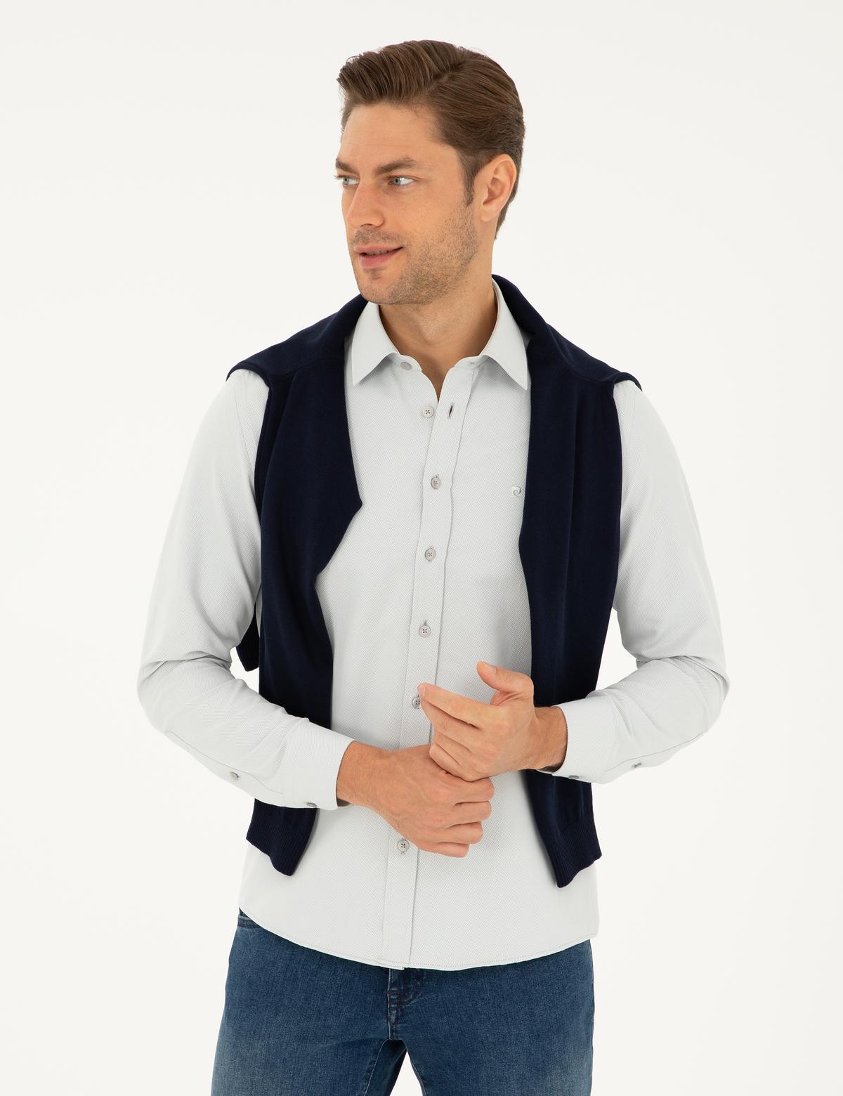 Gri Slim Fit Armürlü Uzun Kollu Gömlek