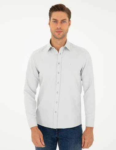Gri Slim Fit Armürlü Uzun Kollu Gömlek