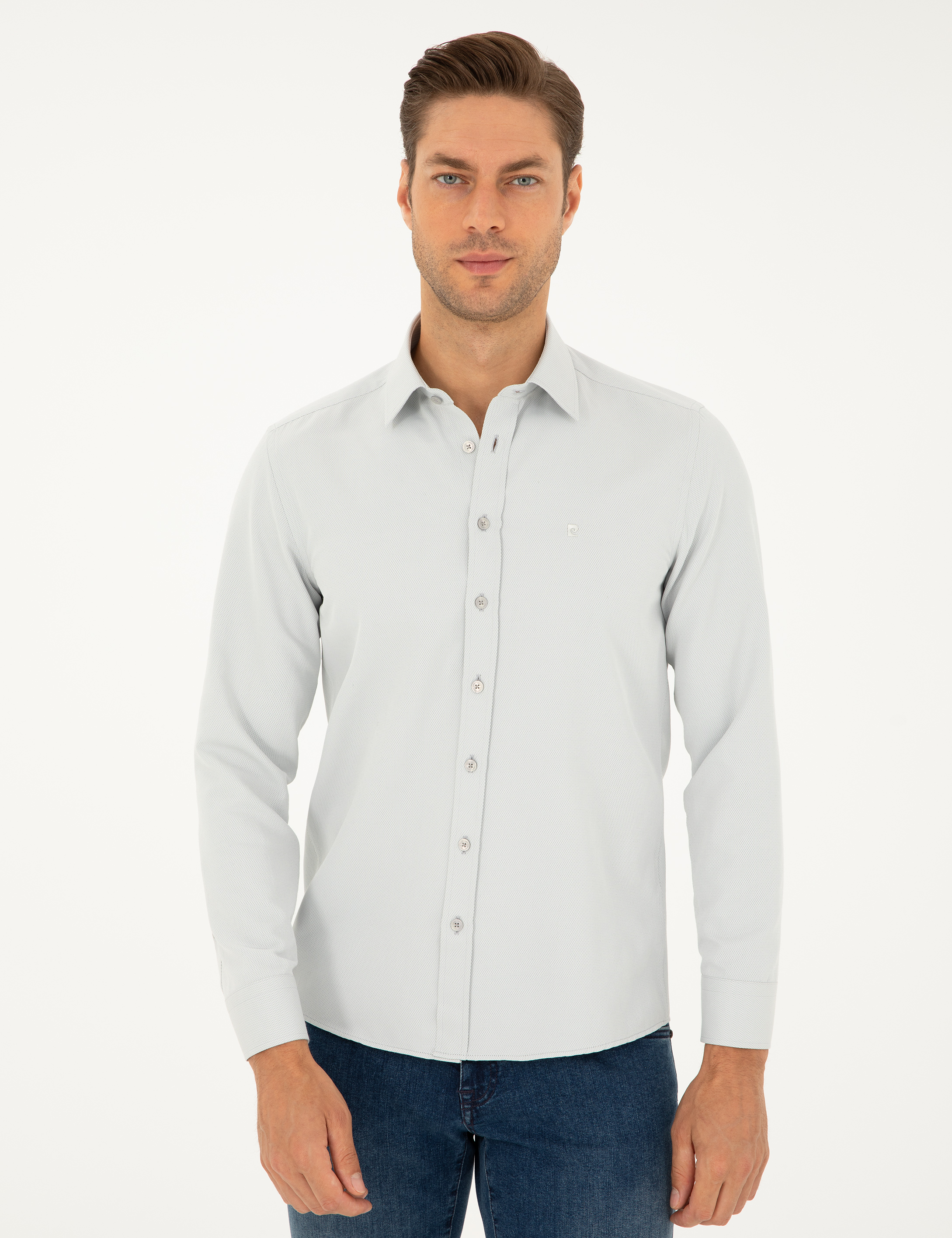 Gri Slim Fit Armürlü Uzun Kollu Gömlek - Image 3