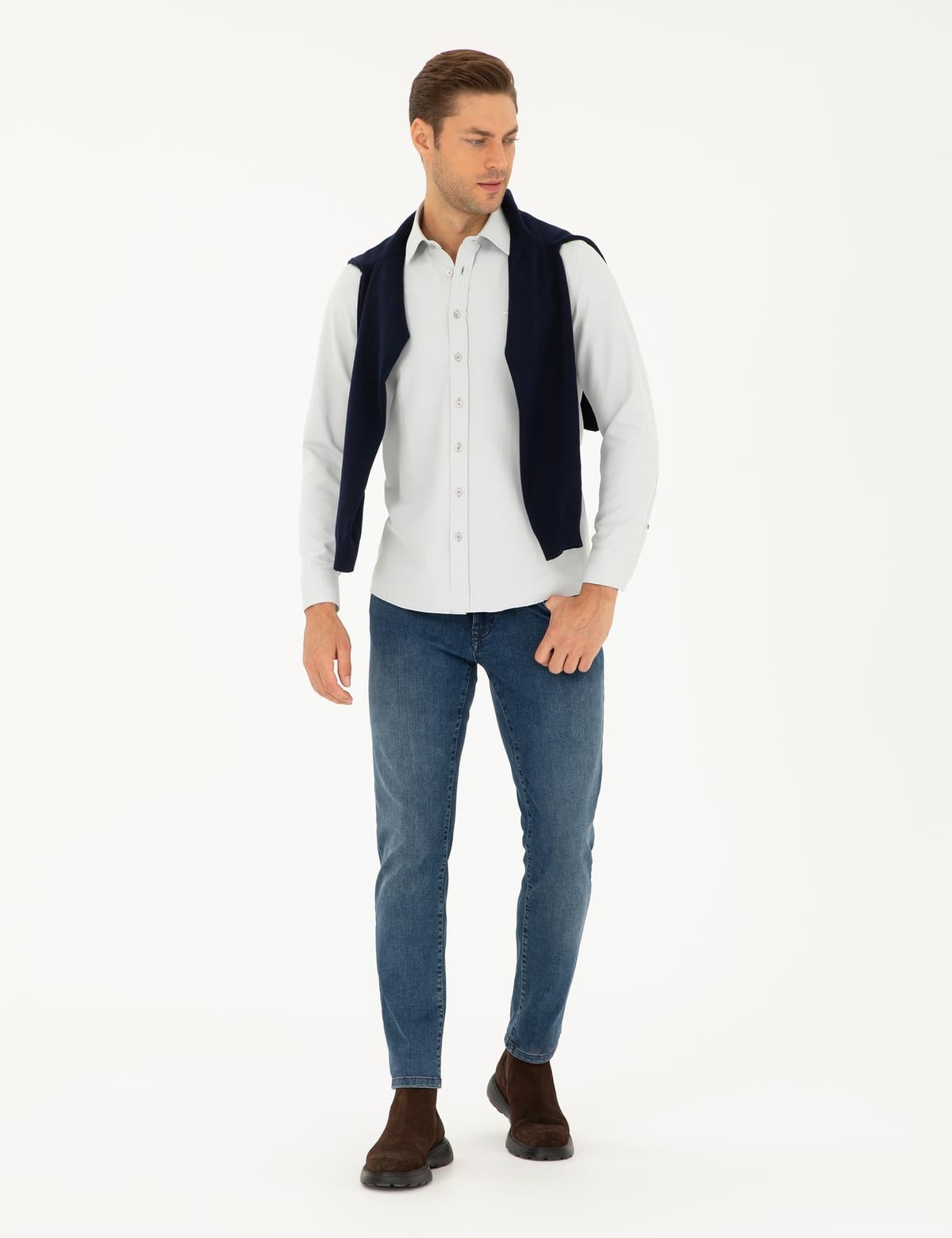 Gri Slim Fit Armürlü Uzun Kollu Gömlek - 50298071023