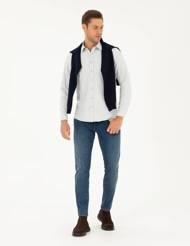 Gri Slim Fit Armürlü Uzun Kollu Gömlek
