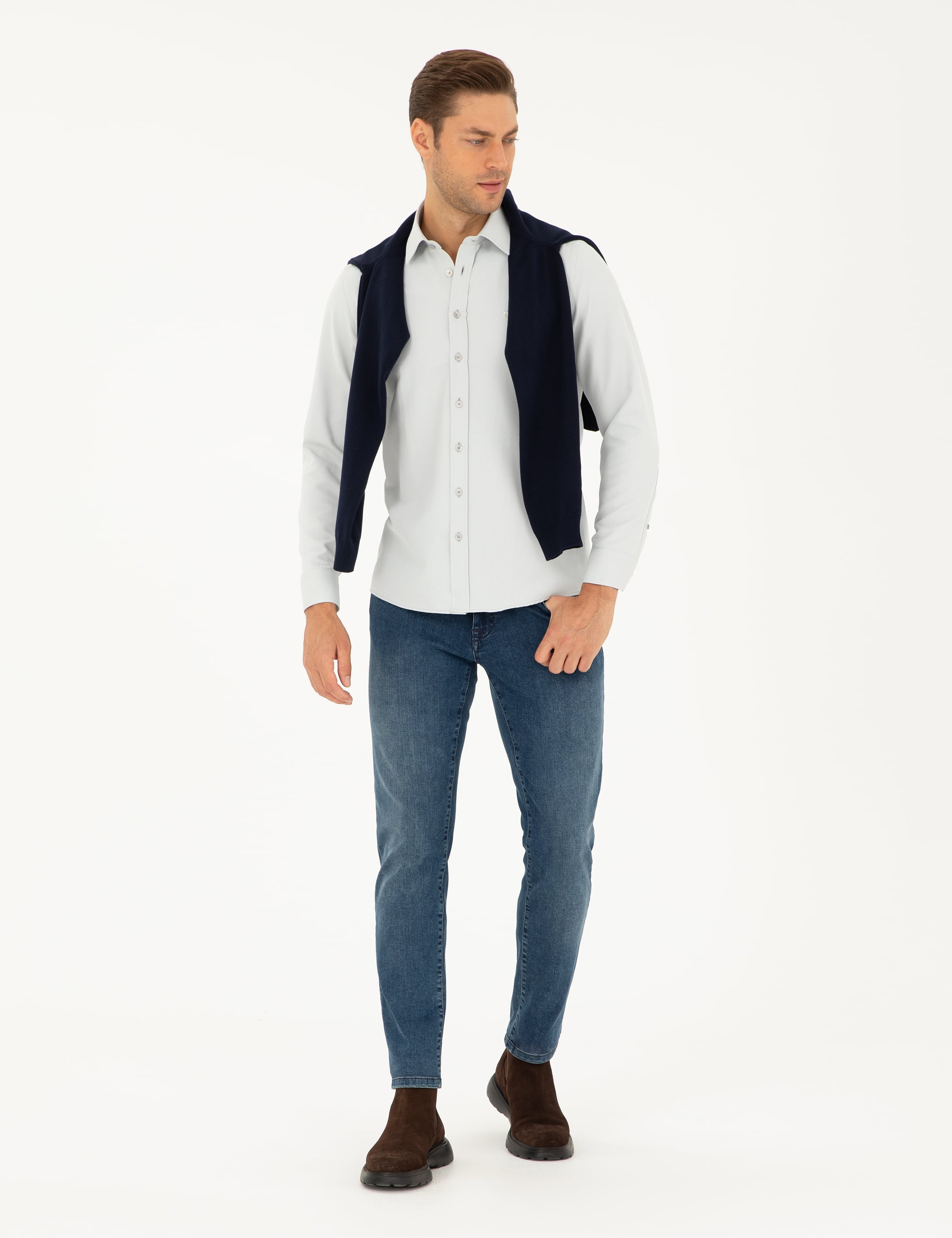 Gri Slim Fit Armürlü Uzun Kollu Gömlek - Image 4