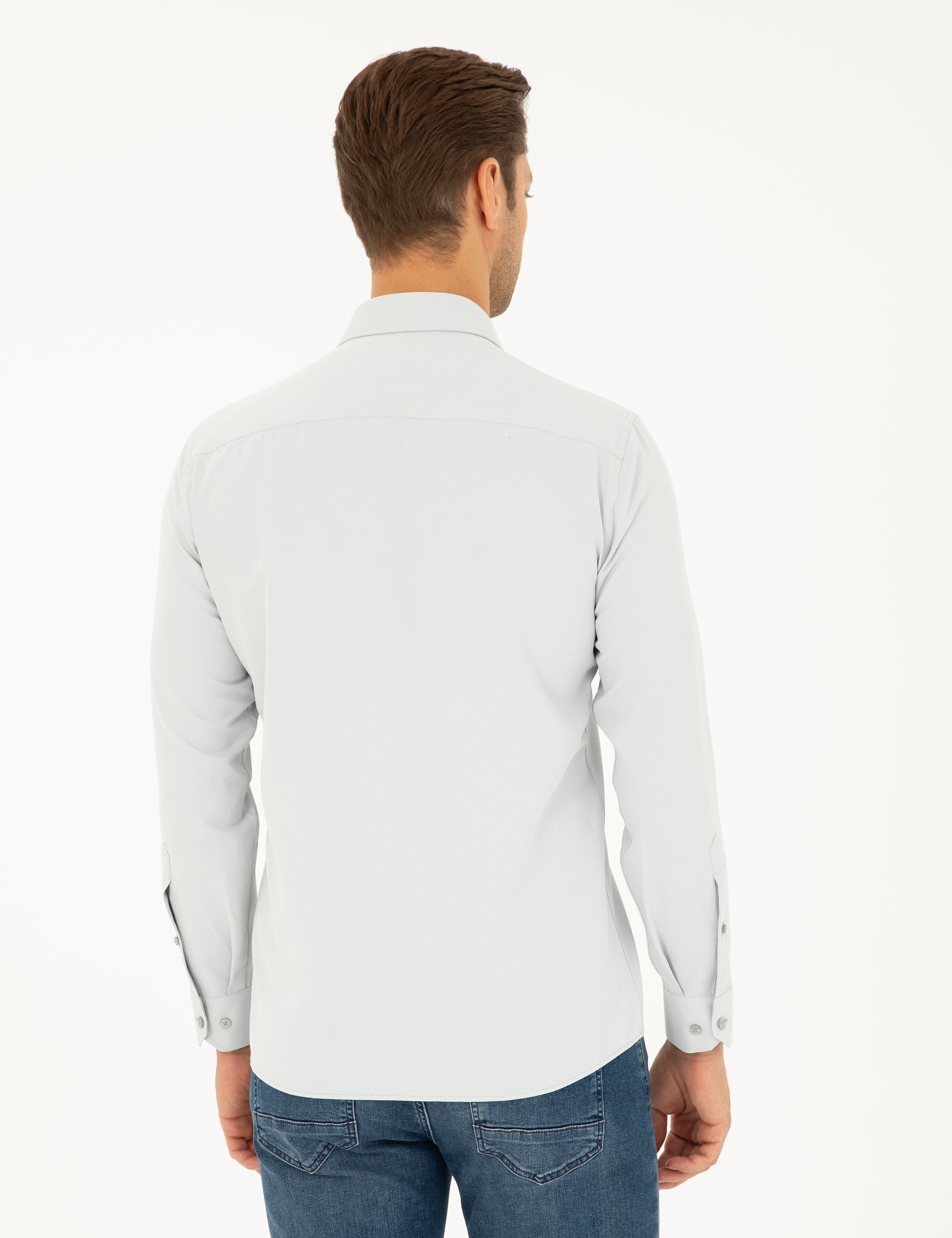 Gri Slim Fit Armürlü Uzun Kollu Gömlek - Image 5