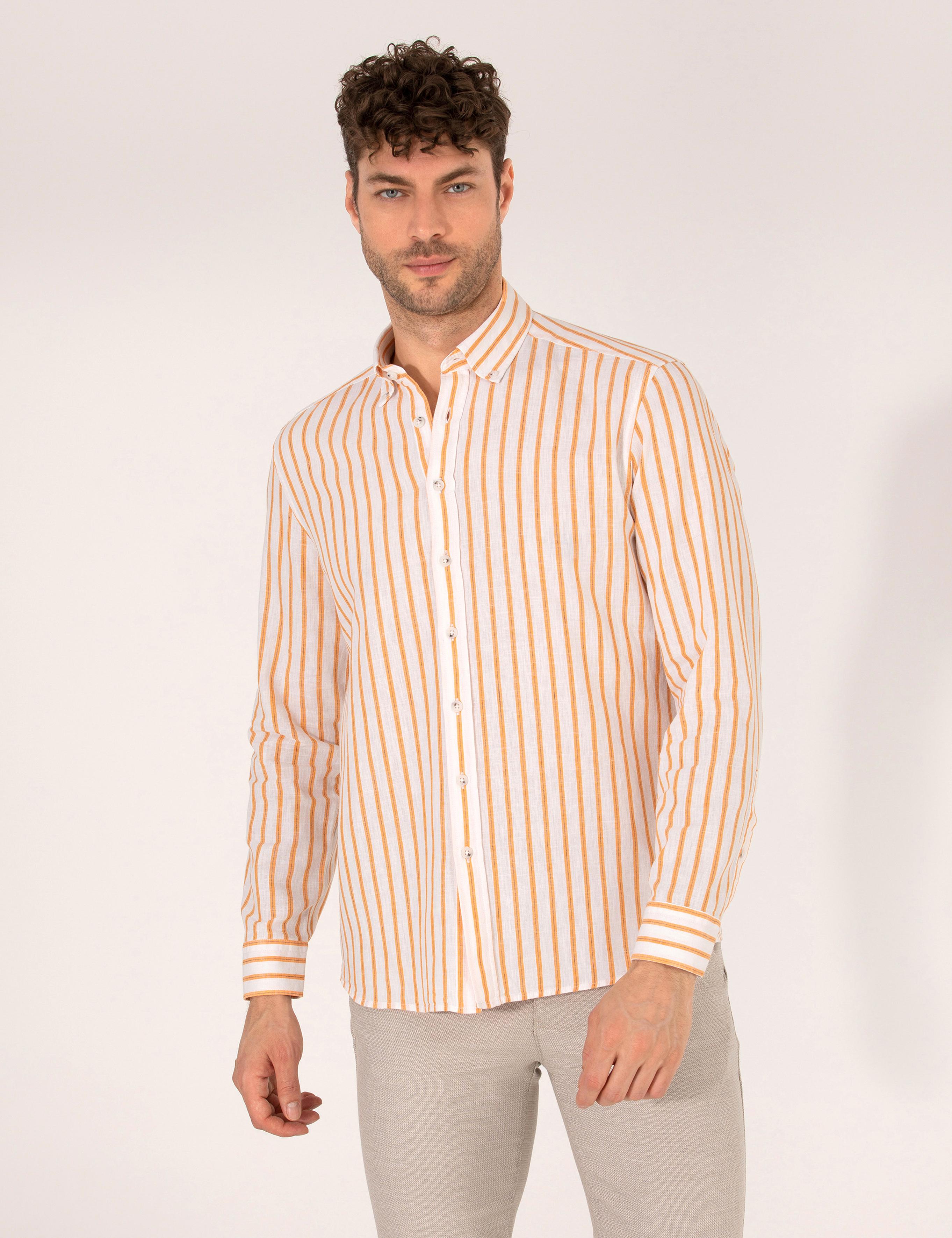 Turuncu Keten Karışımlı Regular Fit Uzun Kollu Gömlek