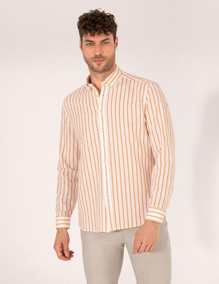 Turuncu Keten Karışımlı Regular Fit Uzun Kollu Gömlek - 50265012064
