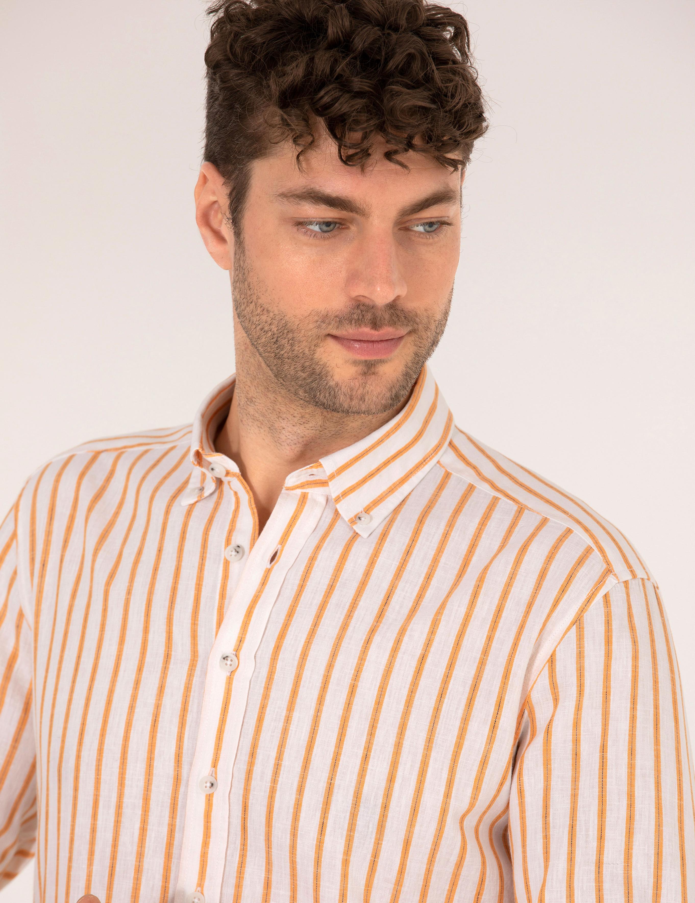 Turuncu Keten Karışımlı Regular Fit Uzun Kollu Gömlek