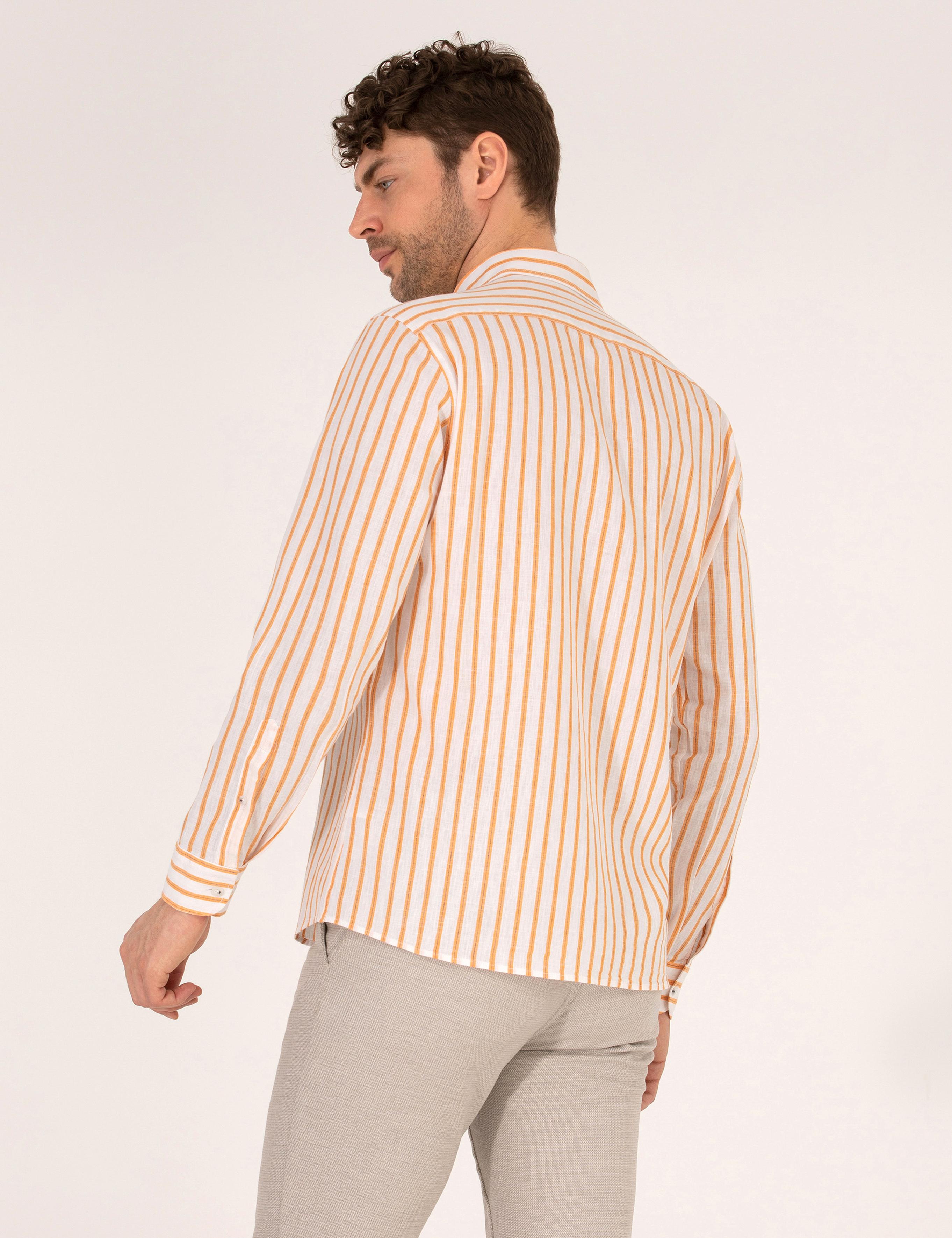 Turuncu Keten Karışımlı Regular Fit Uzun Kollu Gömlek