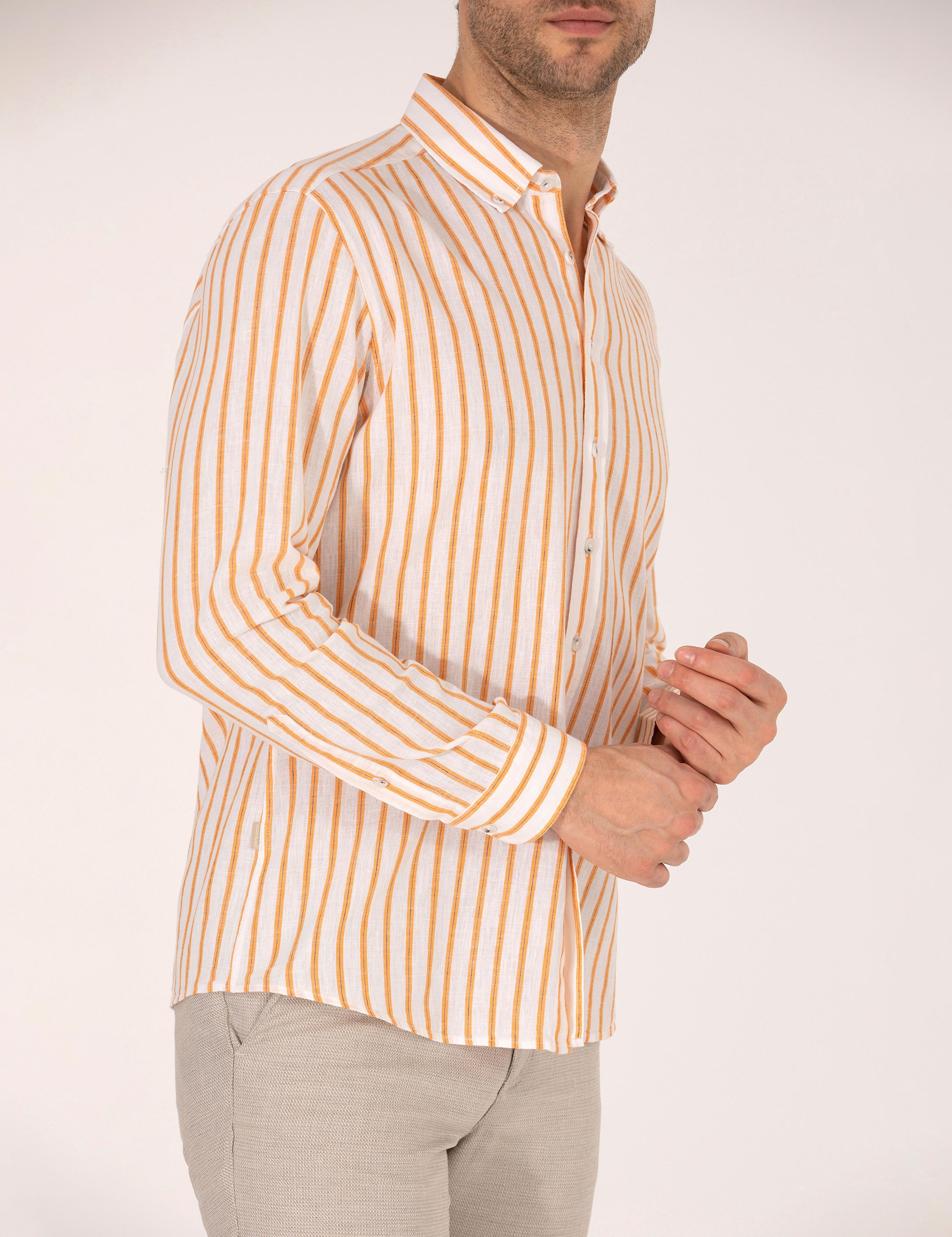 Turuncu Keten Karışımlı Regular Fit Uzun Kollu Gömlek