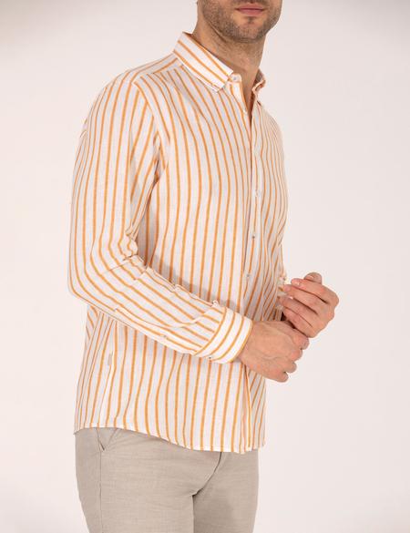 Turuncu Keten Karışımlı Regular Fit Uzun Kollu Gömlek - 50265012064
