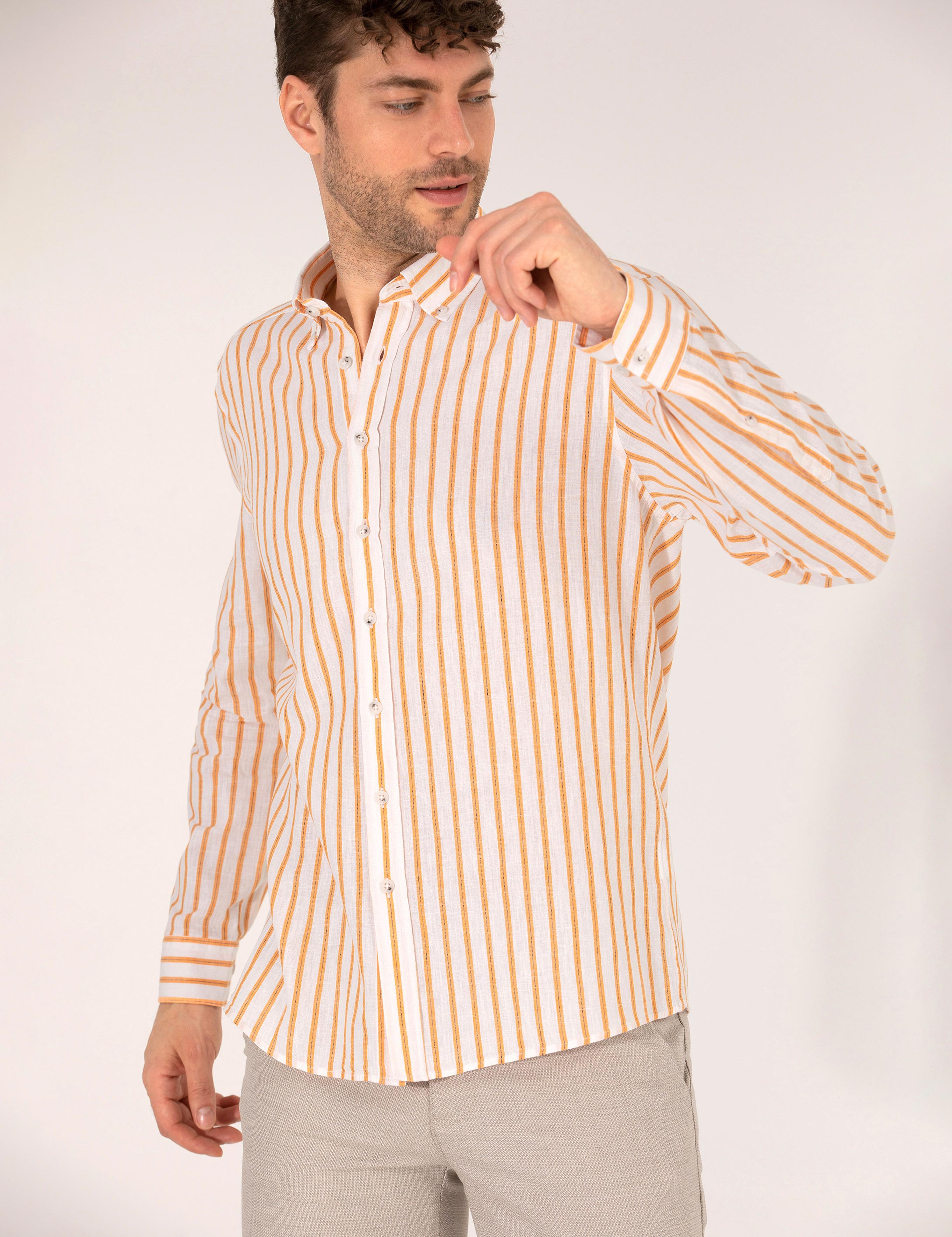 Turuncu Keten Karışımlı Regular Fit Uzun Kollu Gömlek