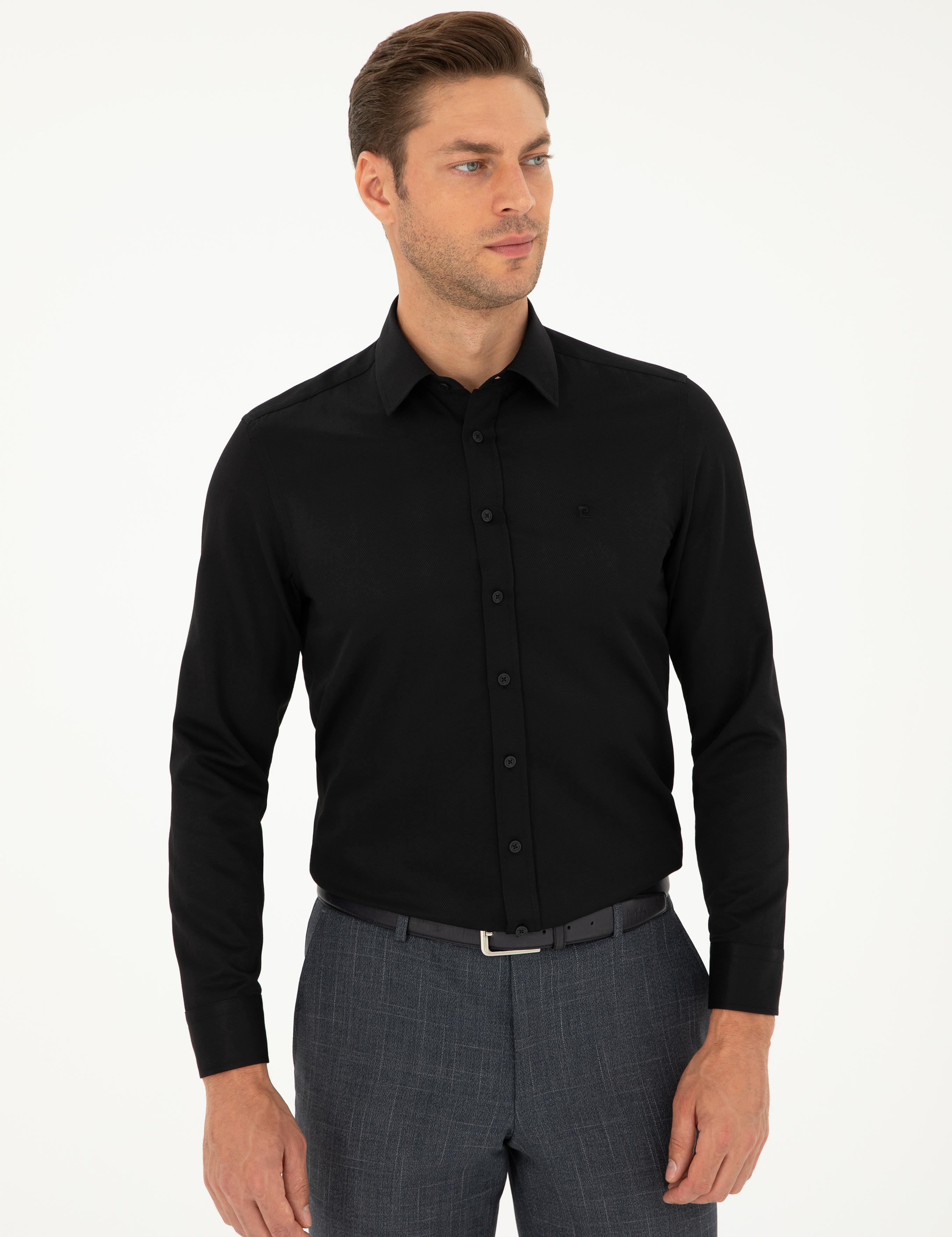 Siyah Slim Fit Armürlü Uzun Kollu Gömlek