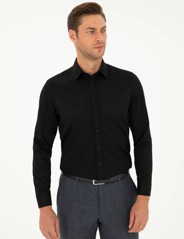Siyah Slim Fit Armürlü Uzun Kollu Gömlek