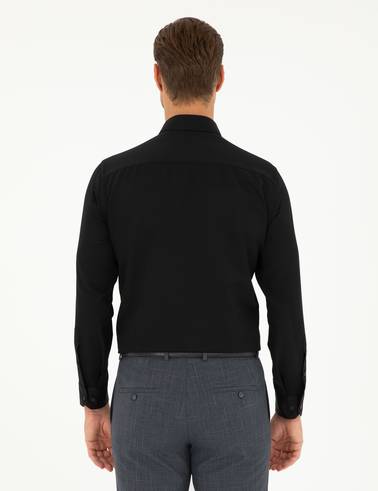 Siyah Slim Fit Armürlü Uzun Kollu Gömlek