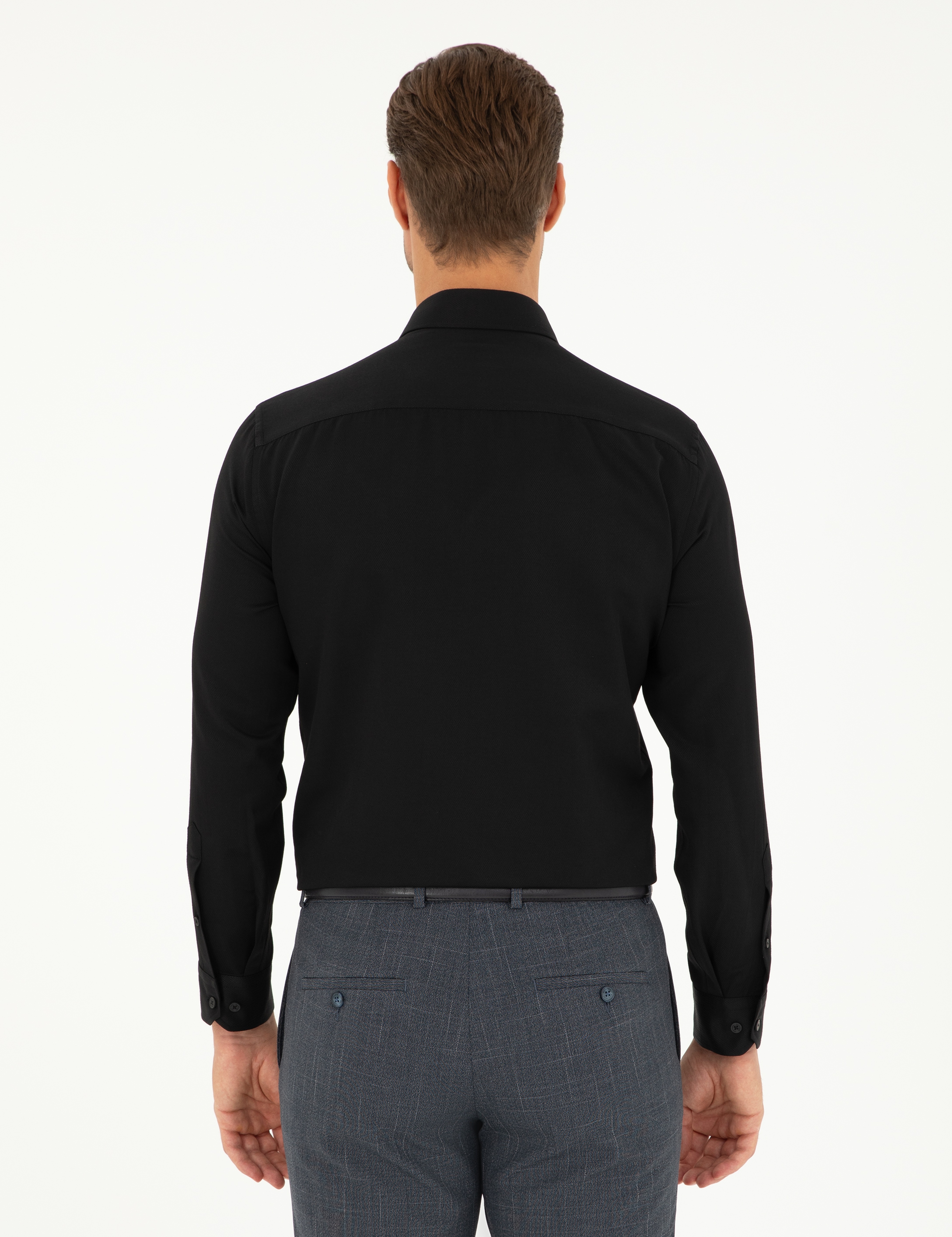 Siyah Slim Fit Armürlü Uzun Kollu Gömlek