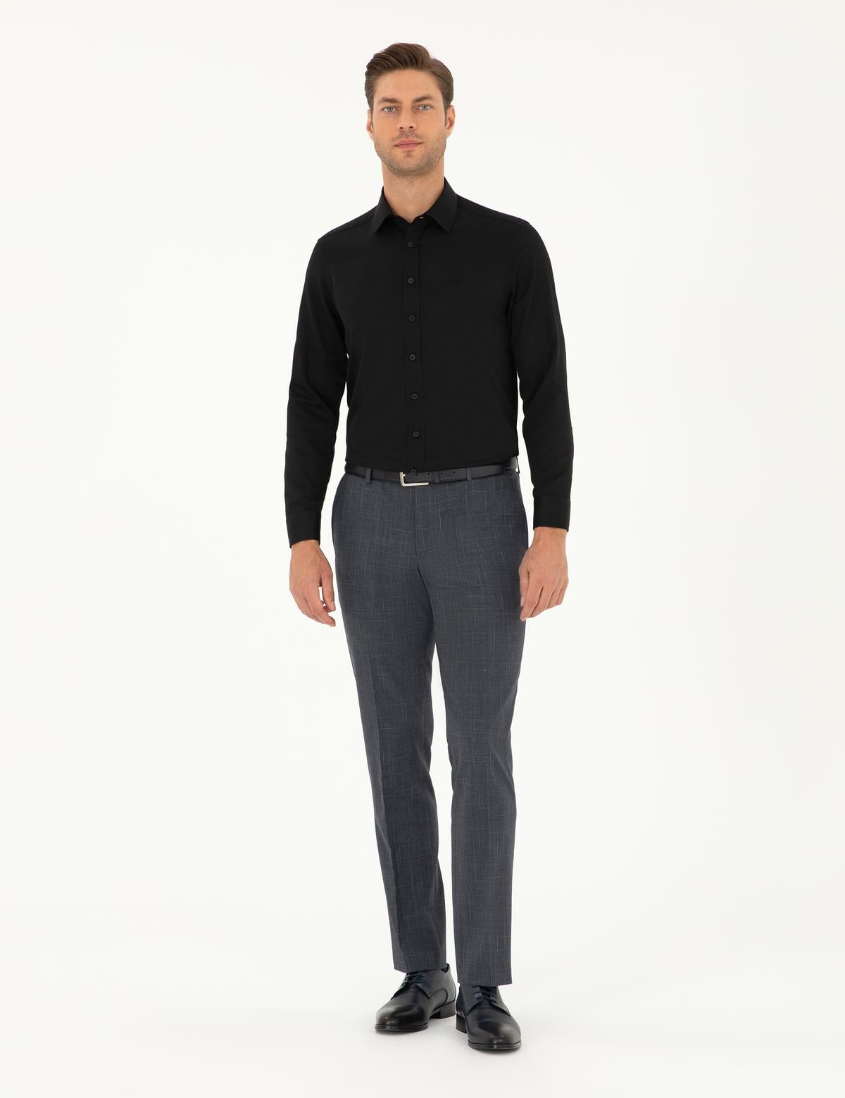 Siyah Slim Fit Armürlü Uzun Kollu Gömlek - 50298071015