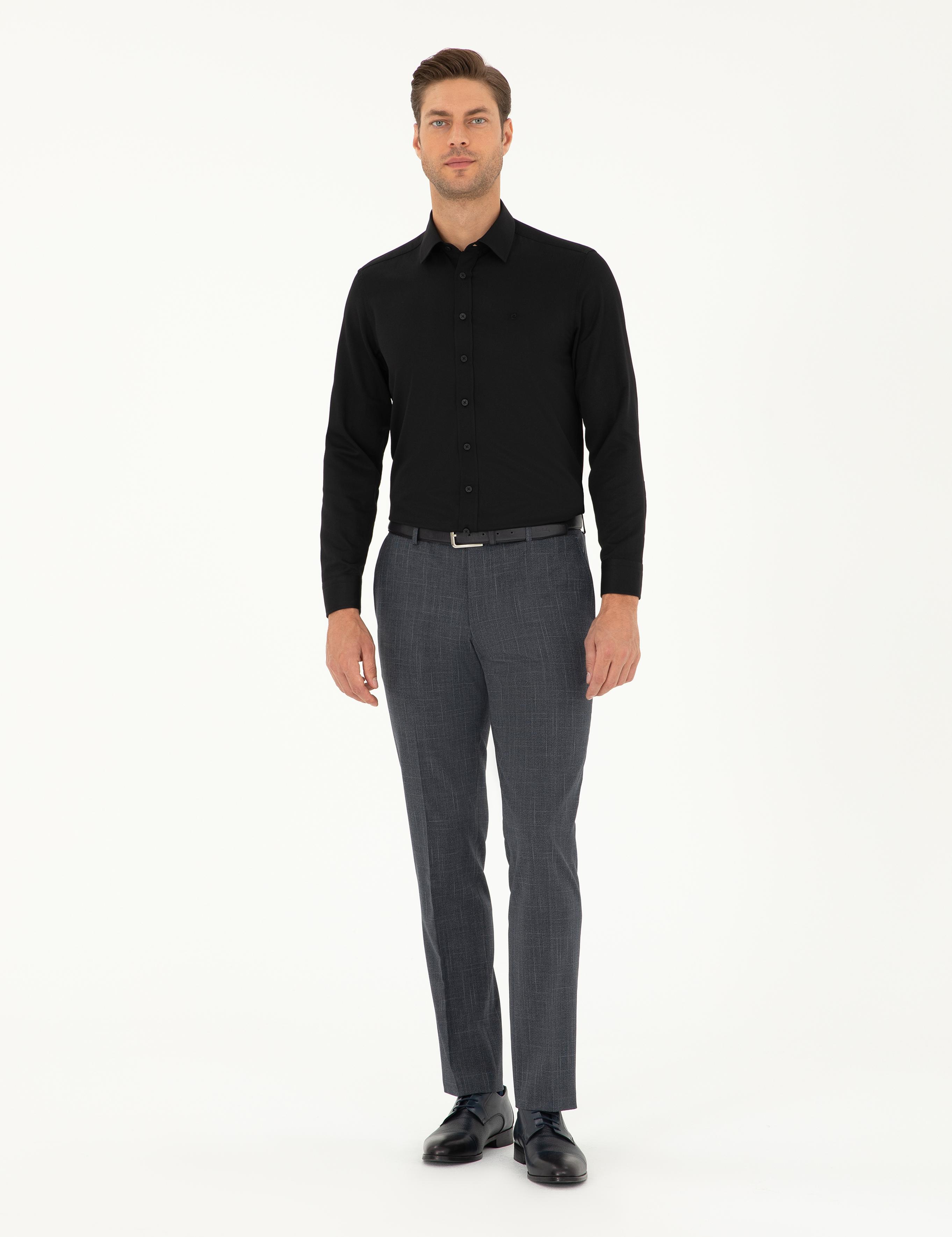 Siyah Slim Fit Armürlü Uzun Kollu Gömlek