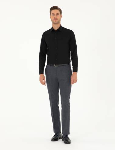 Siyah Slim Fit Armürlü Uzun Kollu Gömlek