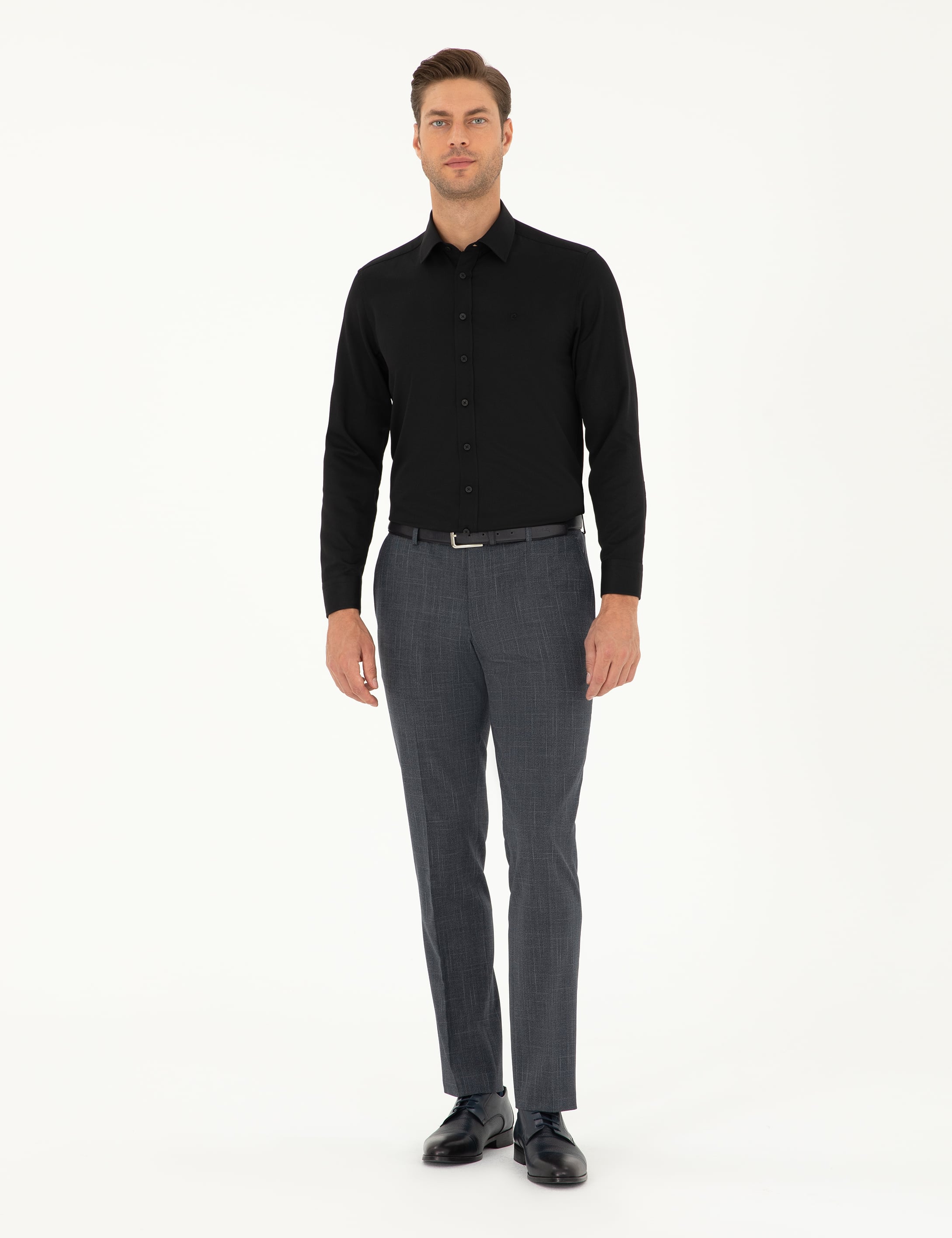Siyah Slim Fit Armürlü Uzun Kollu Gömlek
