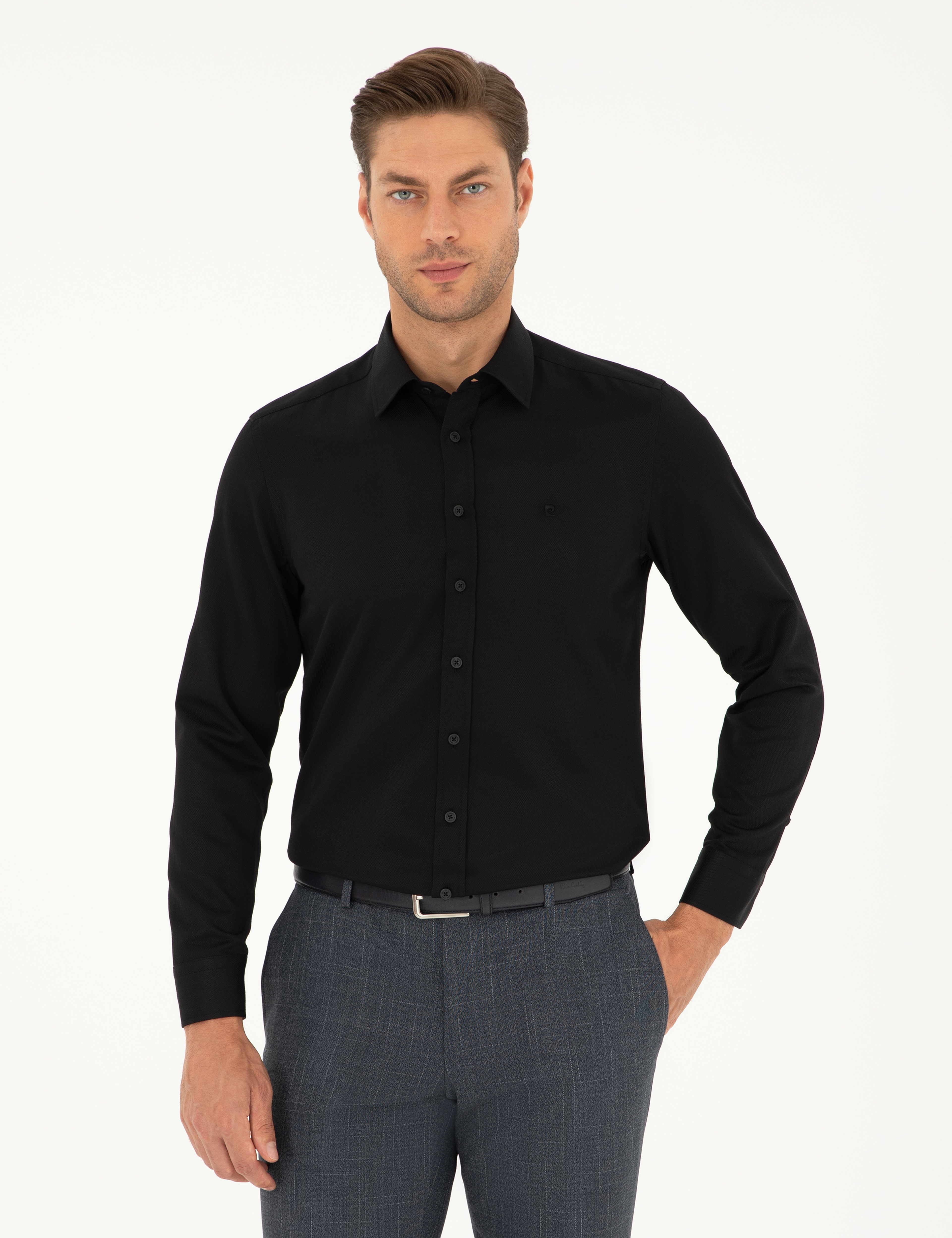 Siyah Slim Fit Armürlü Uzun Kollu Gömlek - Image 1