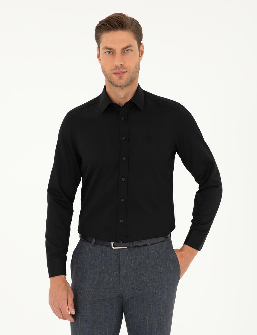 Siyah Slim Fit Armürlü Uzun Kollu Gömlek