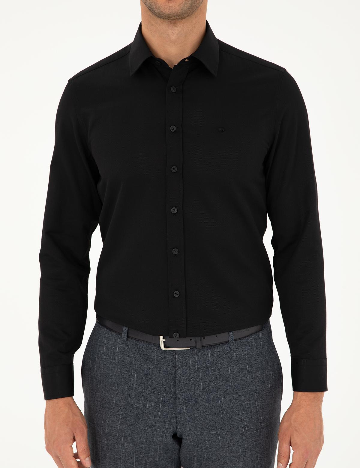 Siyah Slim Fit Armürlü Uzun Kollu Gömlek - 50298071015