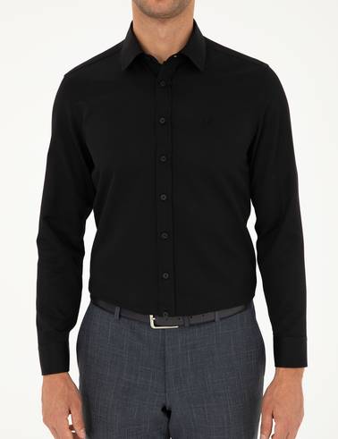 Siyah Slim Fit Armürlü Uzun Kollu Gömlek