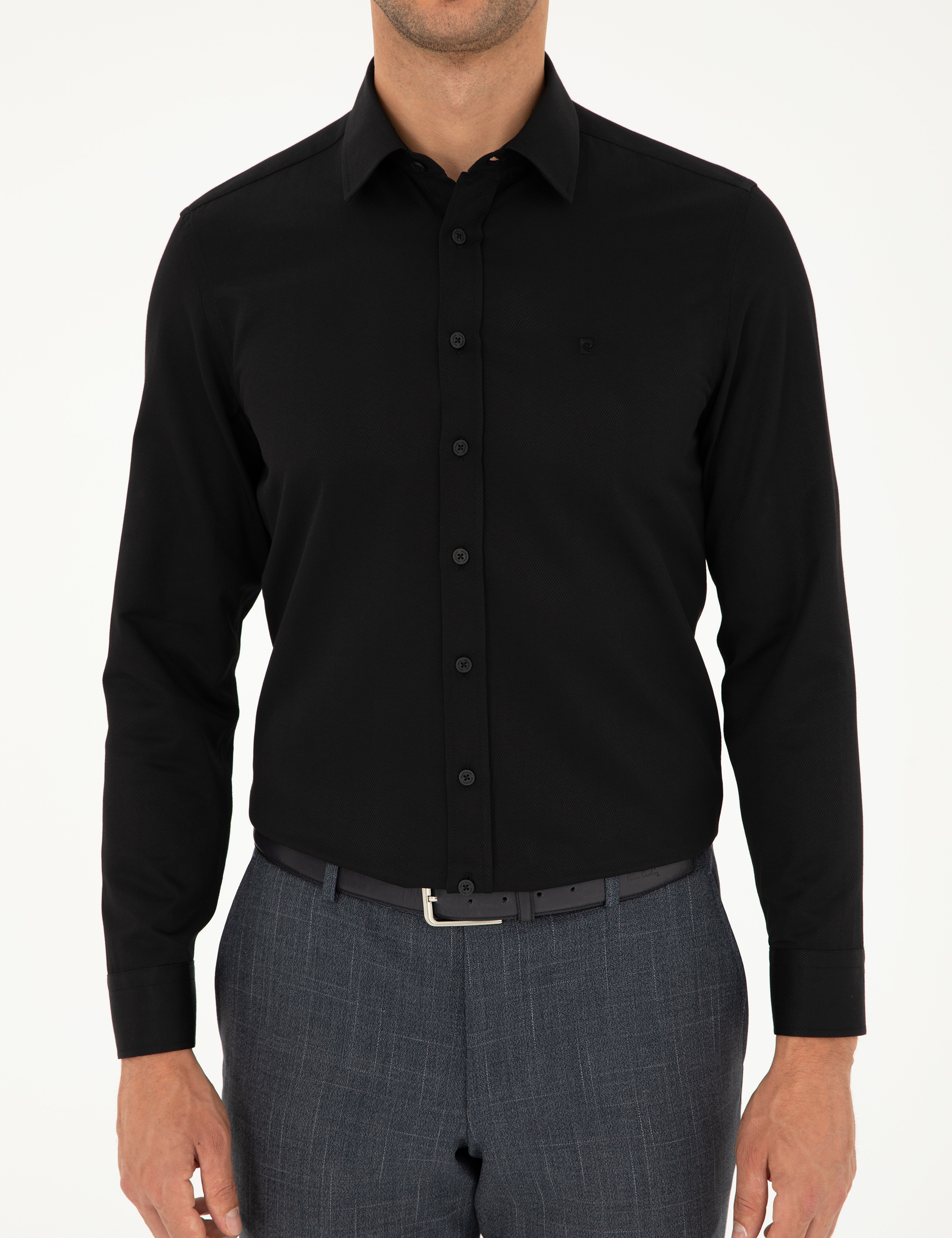 Siyah Slim Fit Armürlü Uzun Kollu Gömlek - Image 6