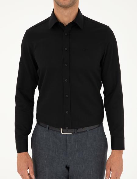 Siyah Slim Fit Armürlü Uzun Kollu Gömlek - 50298071015