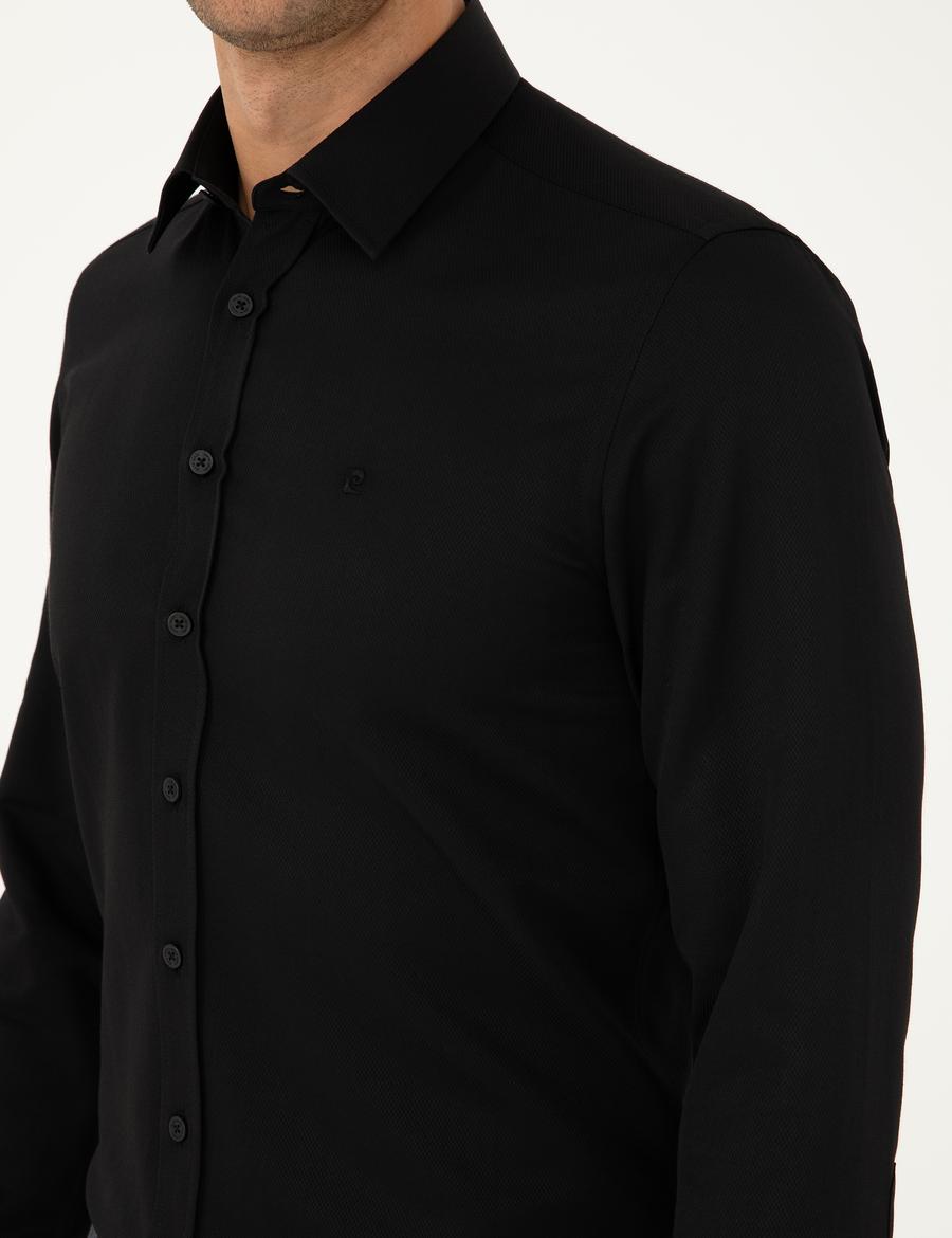 Siyah Slim Fit Armürlü Uzun Kollu Gömlek