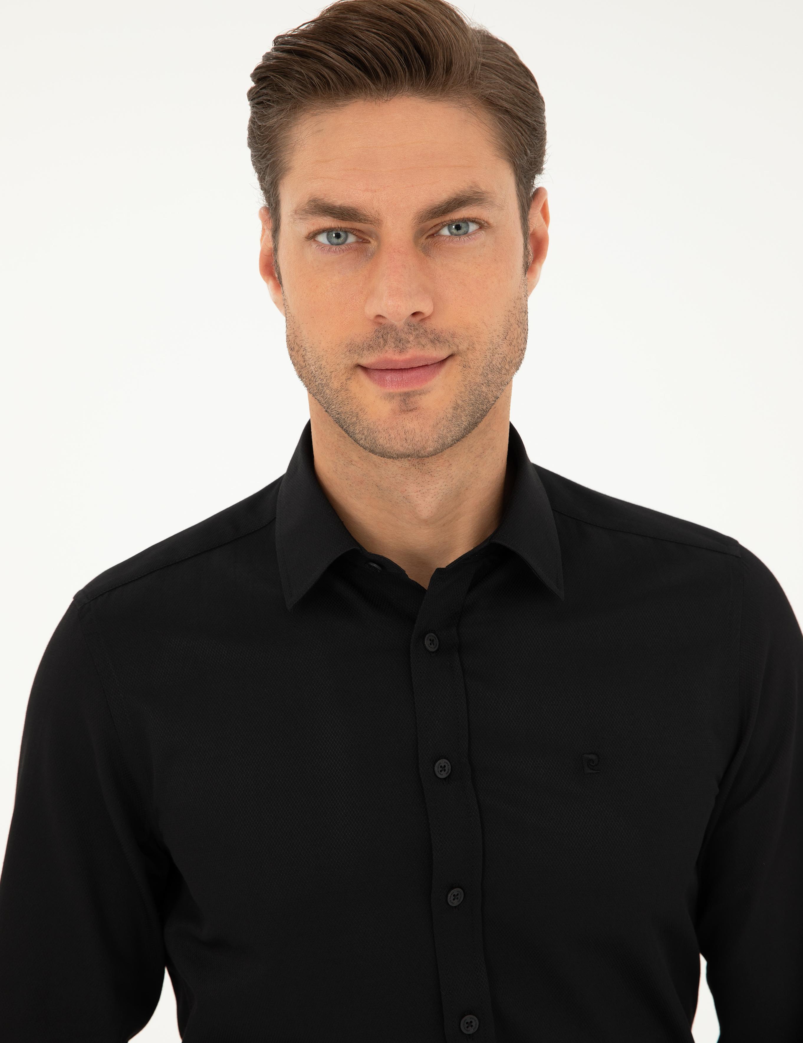 Siyah Slim Fit Armürlü Uzun Kollu Gömlek