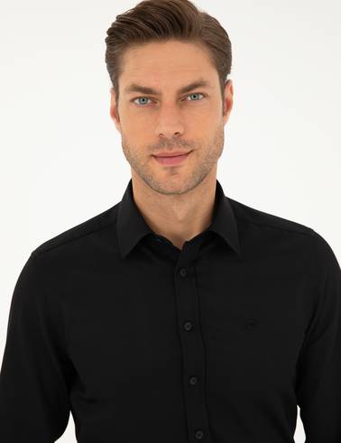 Siyah Slim Fit Armürlü Uzun Kollu Gömlek