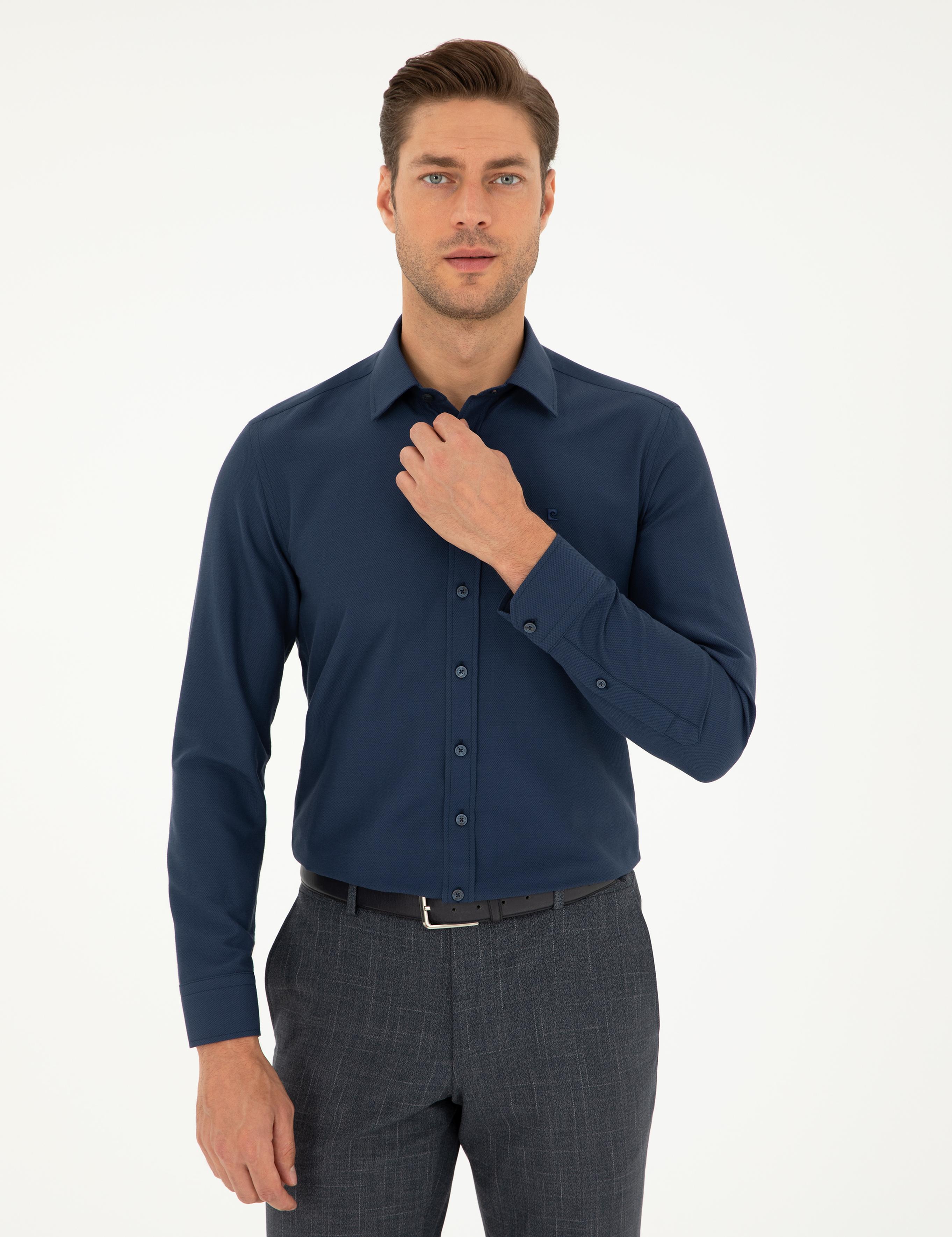 Lacivert Slim Fit Armürlü Uzun Kollu Gömlek