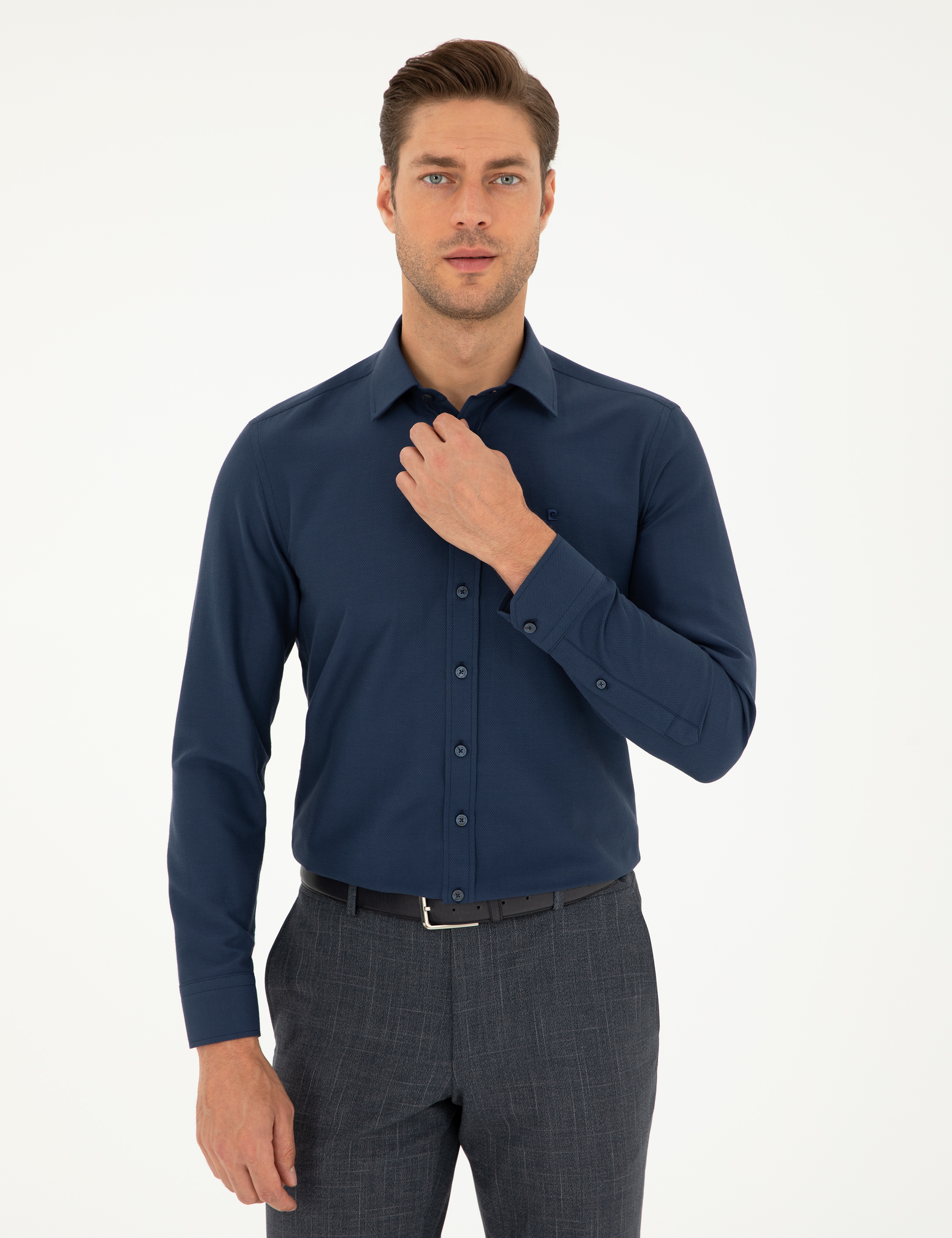 Lacivert Slim Fit Armürlü Uzun Kollu Gömlek - Image 3