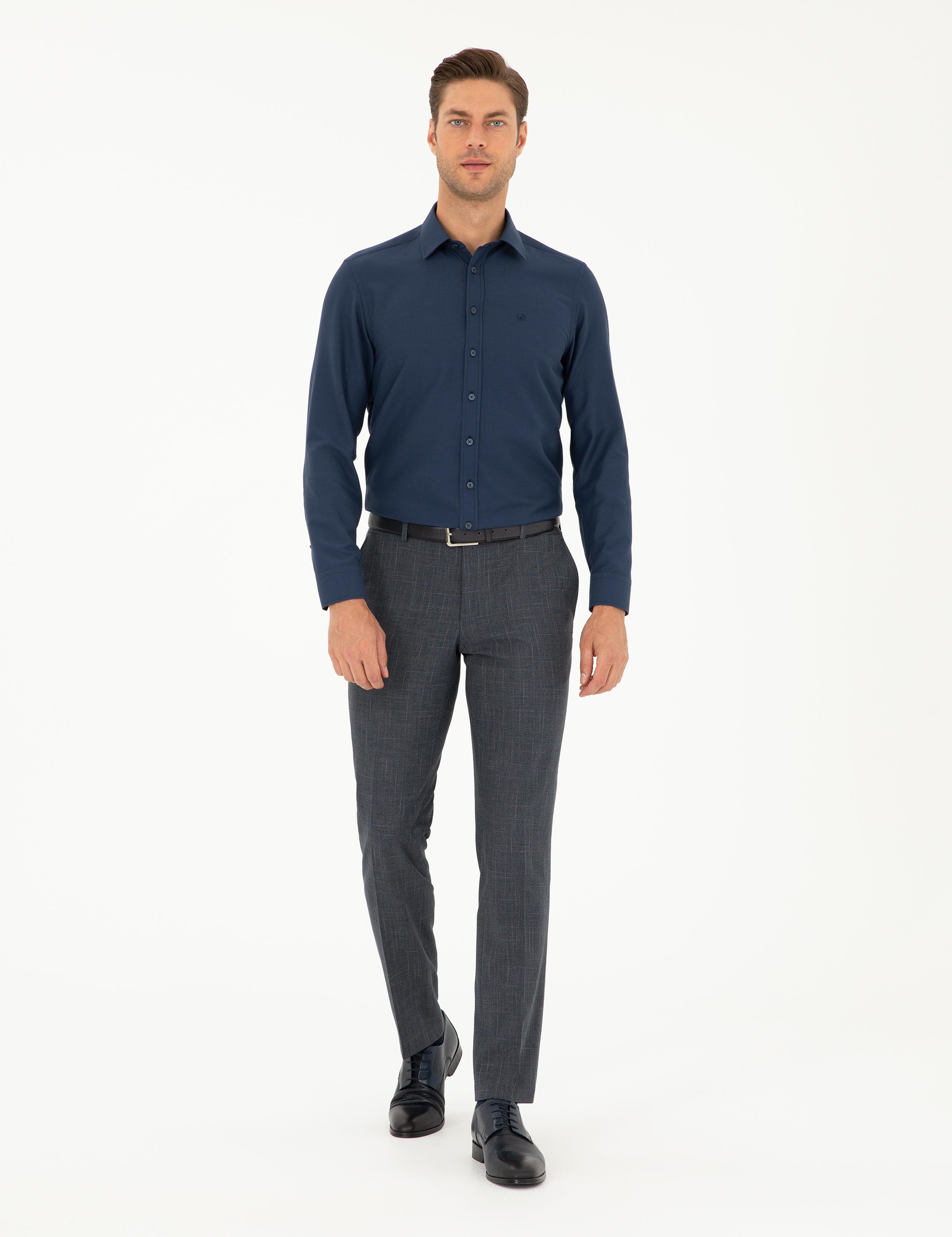 Lacivert Slim Fit Armürlü Uzun Kollu Gömlek