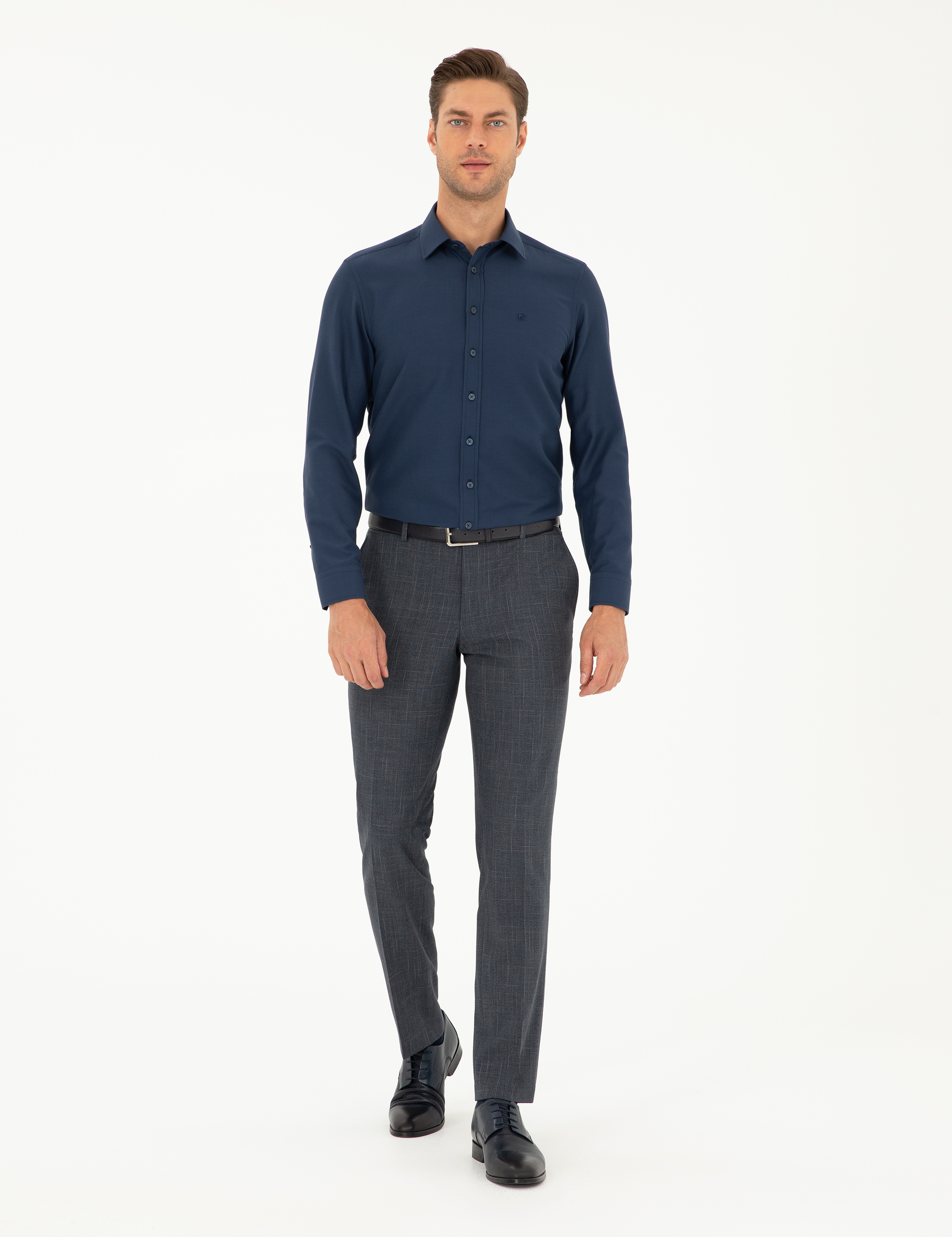 Lacivert Slim Fit Armürlü Uzun Kollu Gömlek - Image 4