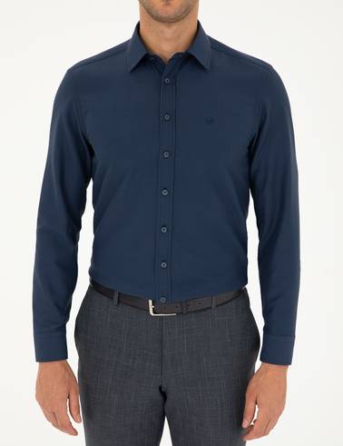 Lacivert Slim Fit Armürlü Uzun Kollu Gömlek