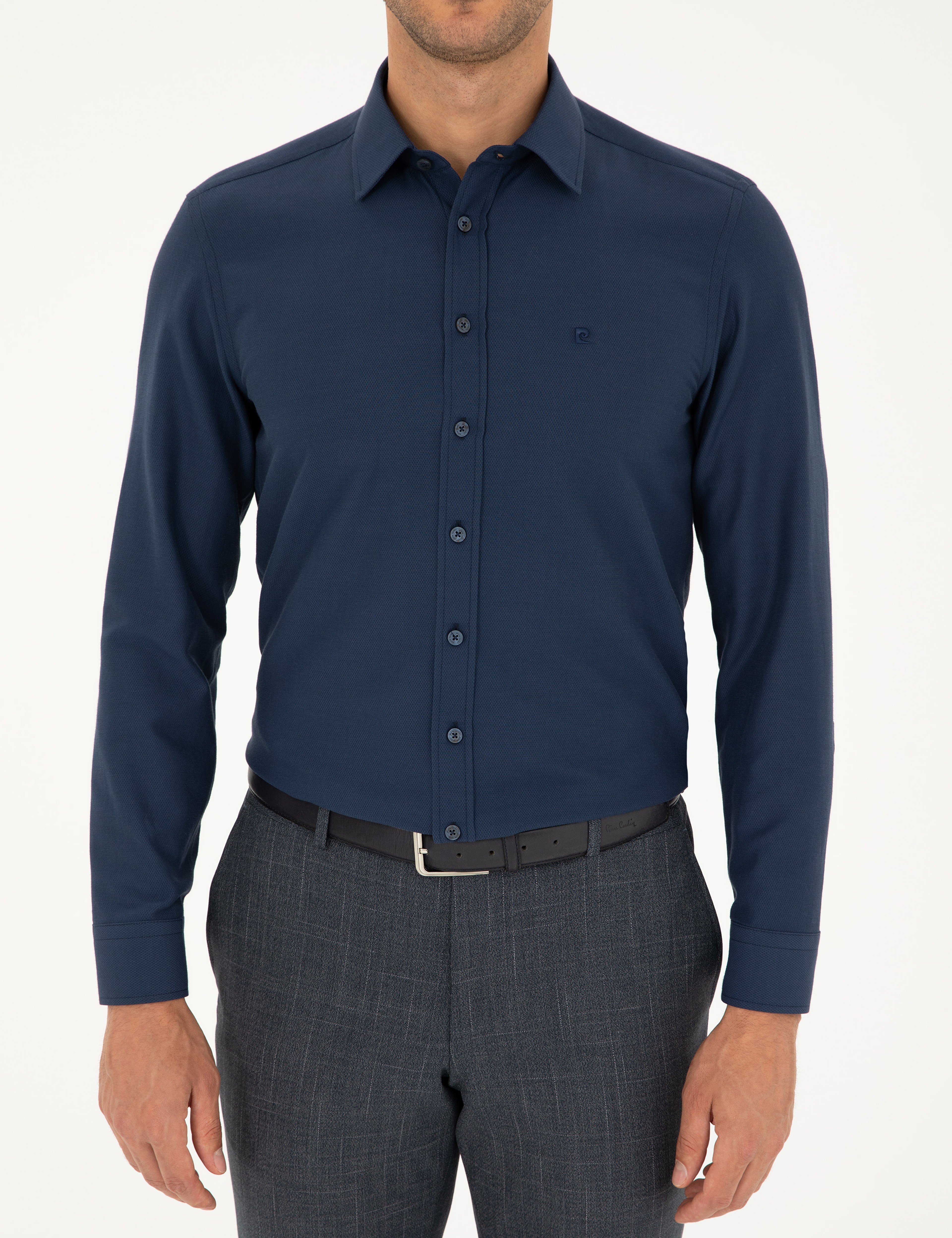 Lacivert Slim Fit Armürlü Uzun Kollu Gömlek