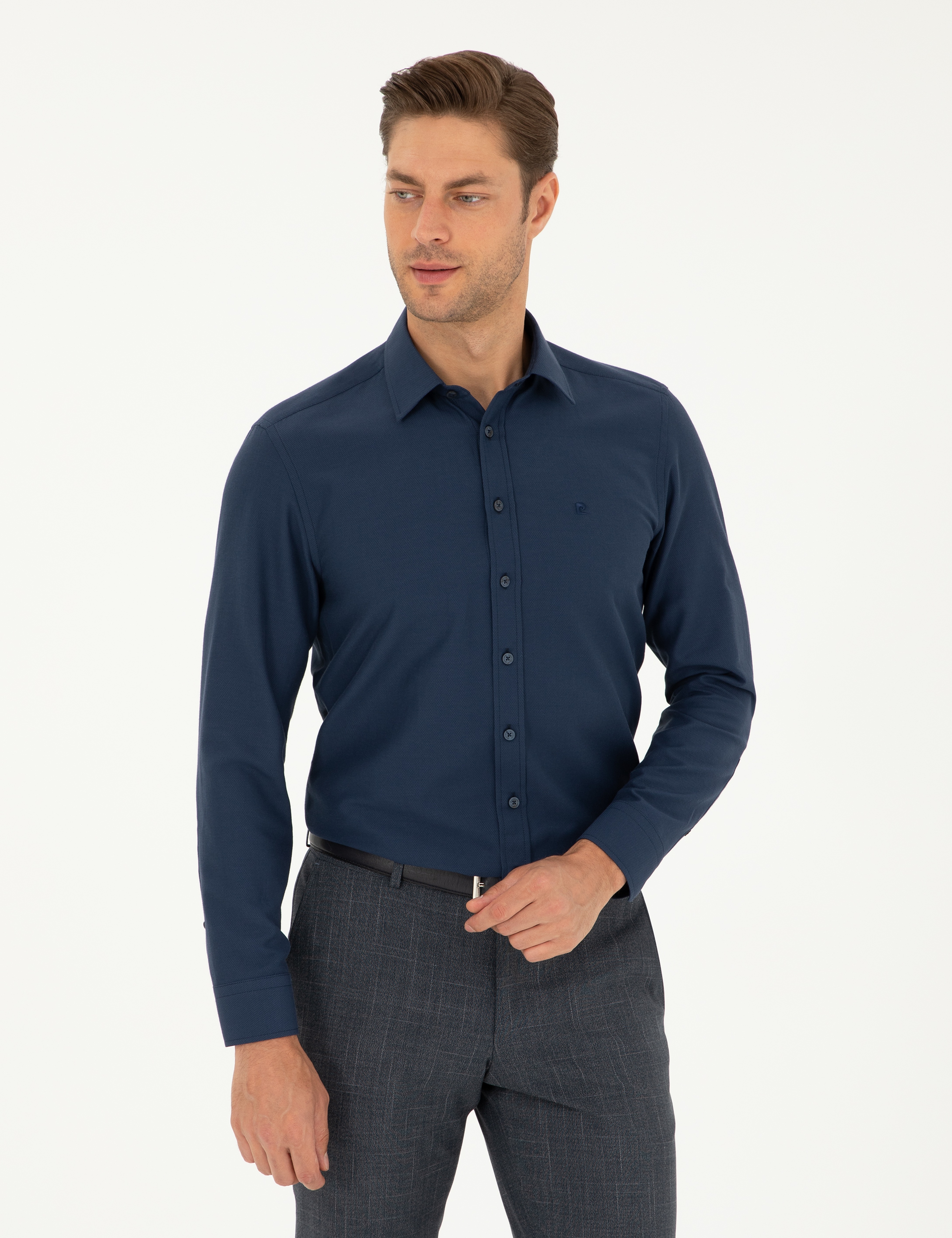 Lacivert Slim Fit Armürlü Uzun Kollu Gömlek - Image 1