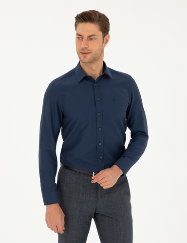 Lacivert Slim Fit Armürlü Uzun Kollu Gömlek