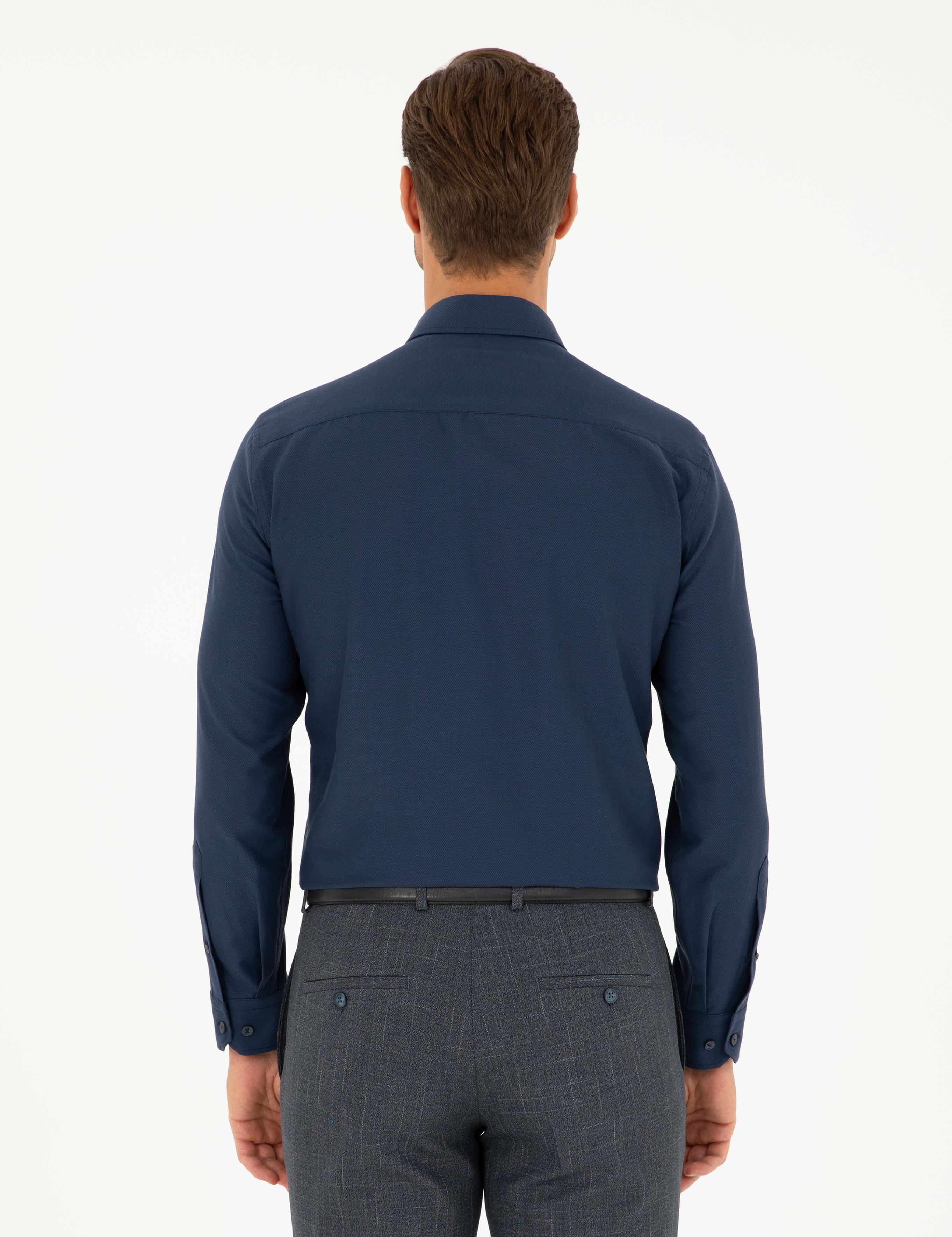 Lacivert Slim Fit Armürlü Uzun Kollu Gömlek