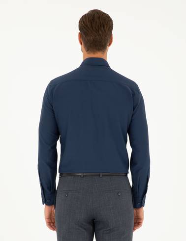 Lacivert Slim Fit Armürlü Uzun Kollu Gömlek