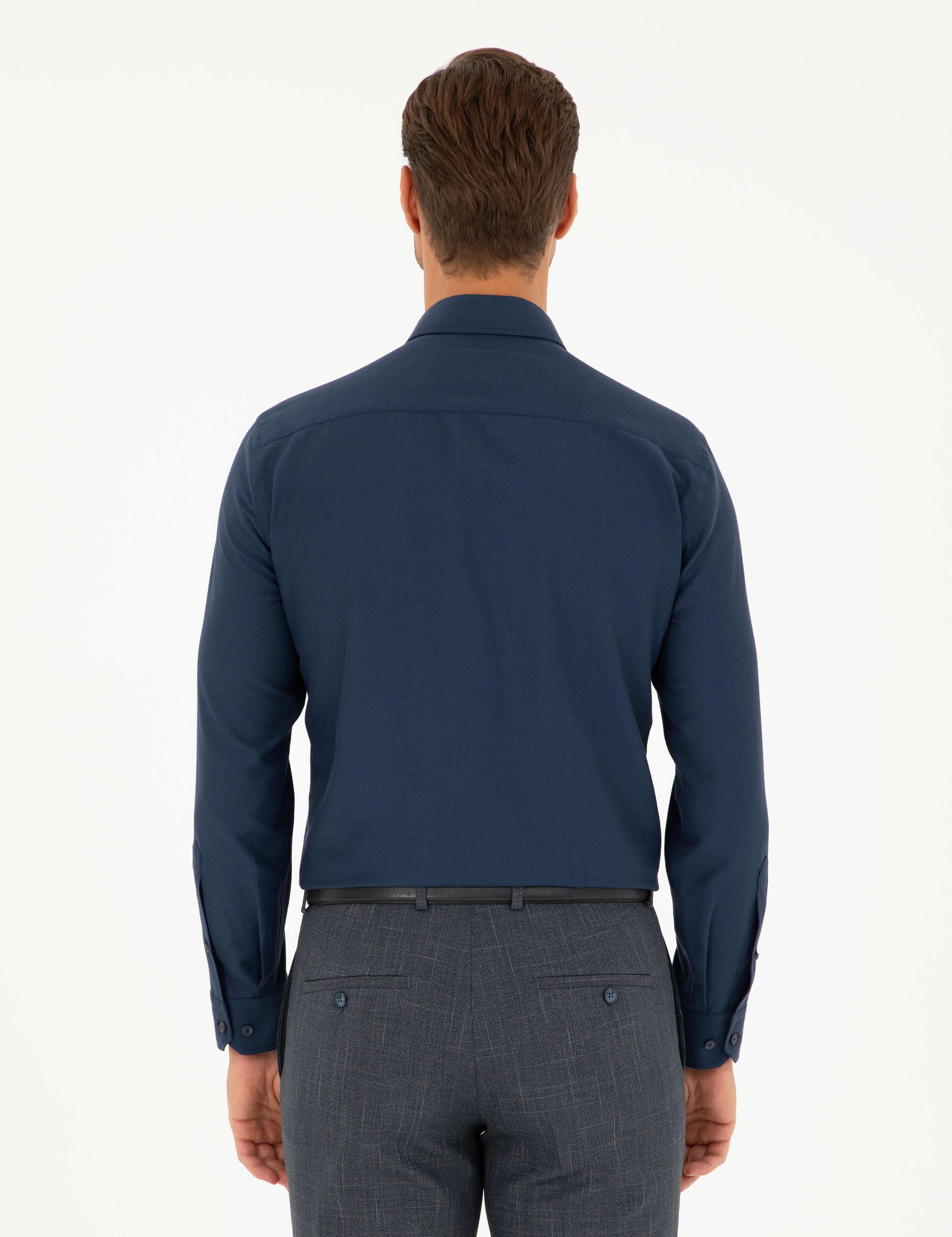 Lacivert Slim Fit Armürlü Uzun Kollu Gömlek - Image 5