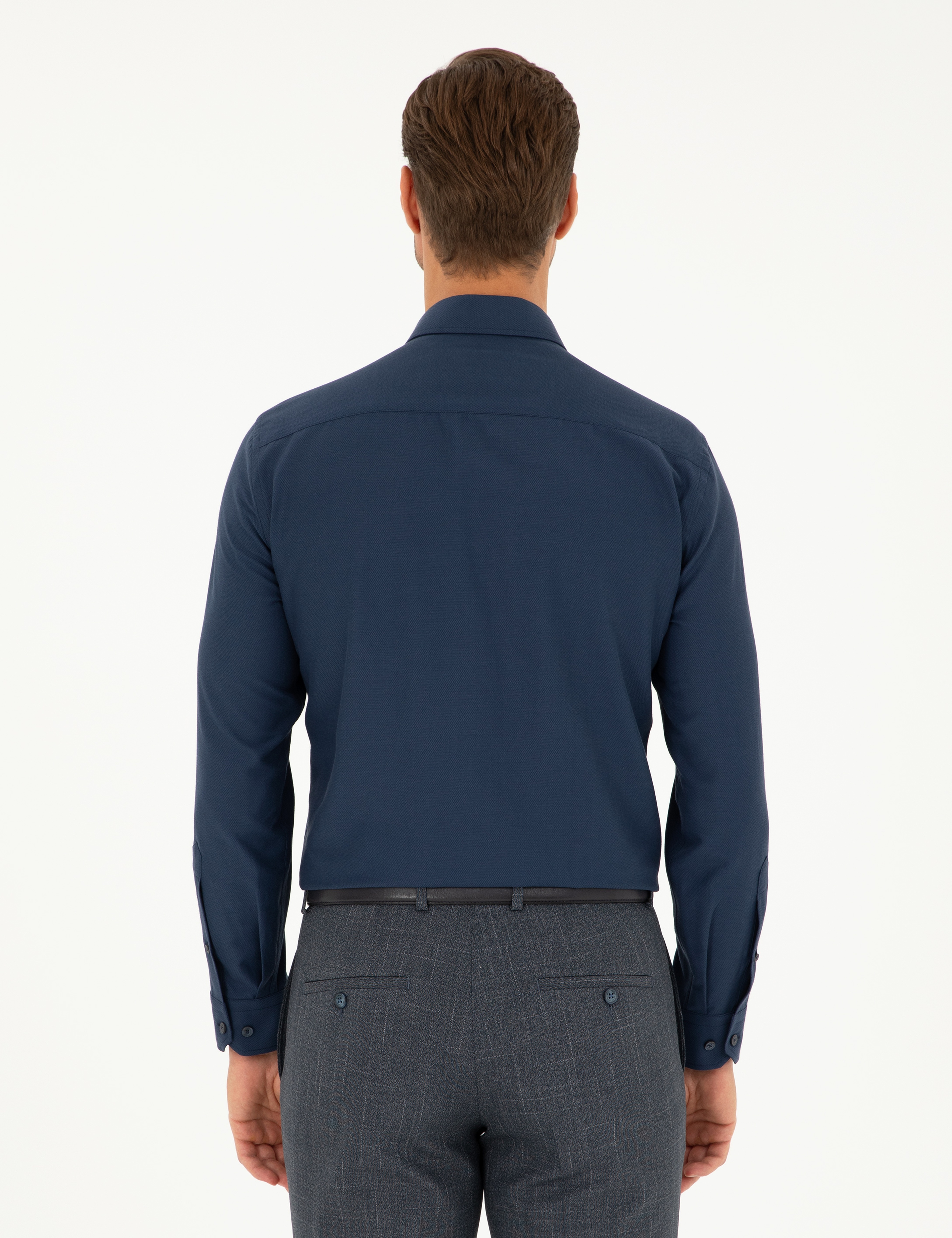 Lacivert Slim Fit Armürlü Uzun Kollu Gömlek
