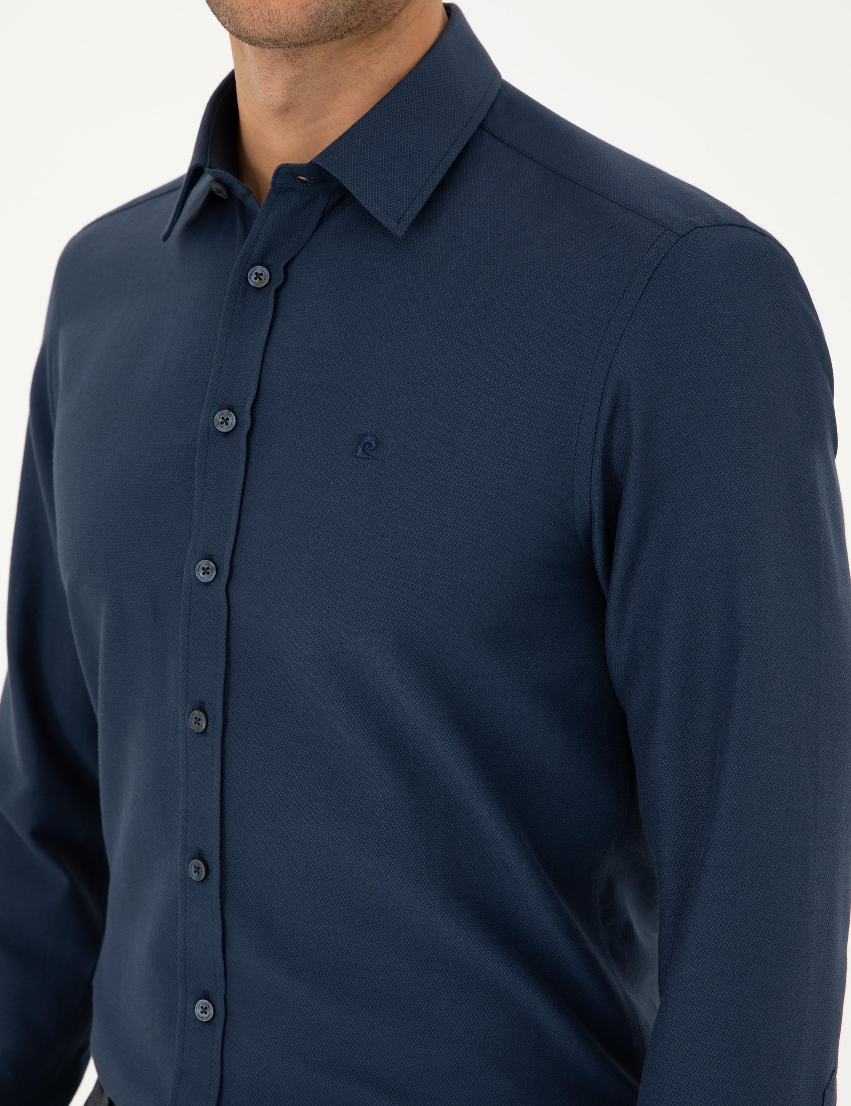 Lacivert Slim Fit Armürlü Uzun Kollu Gömlek