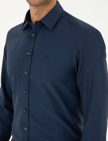 Lacivert Slim Fit Armürlü Uzun Kollu Gömlek