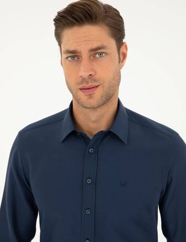 Lacivert Slim Fit Armürlü Uzun Kollu Gömlek