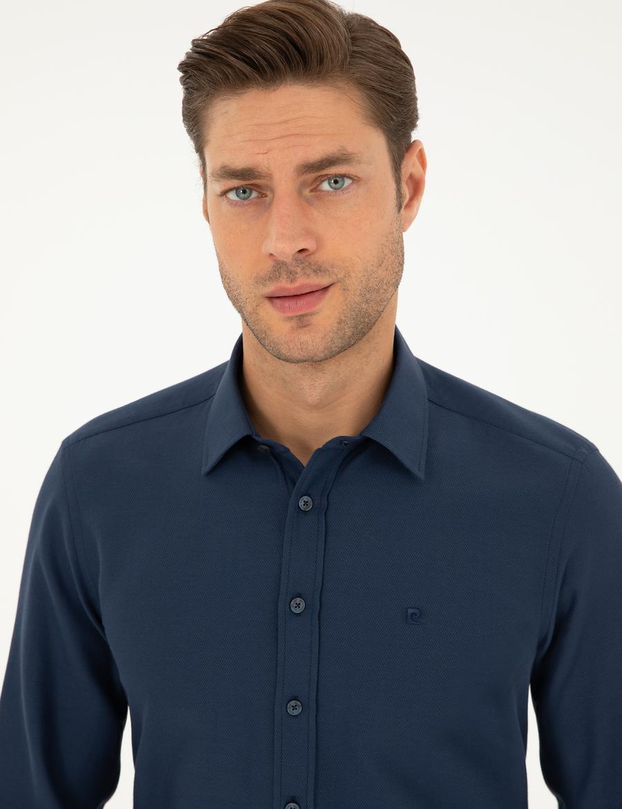 Lacivert Slim Fit Armürlü Uzun Kollu Gömlek