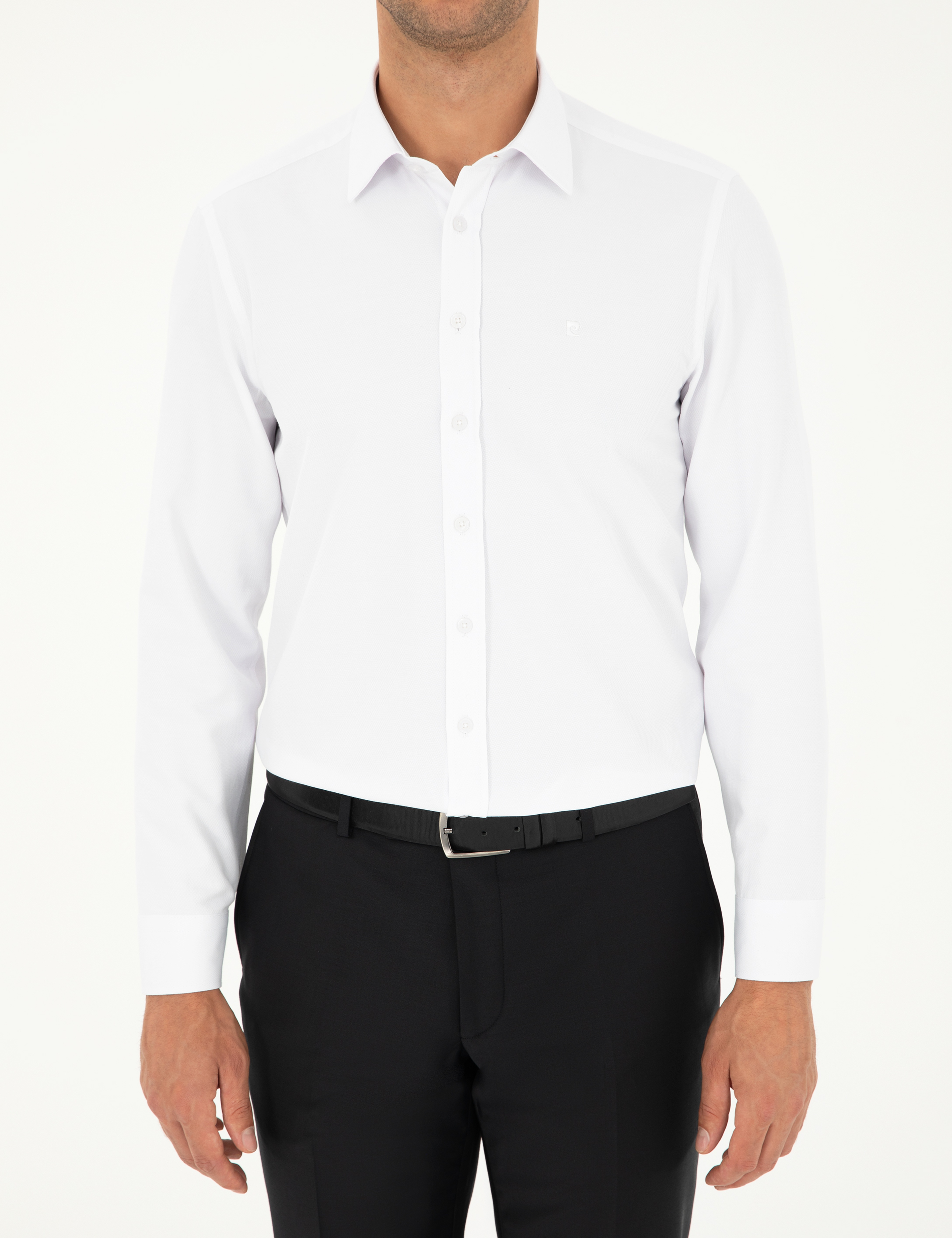Beyaz Slim Fit Armürlü Uzun Kollu Gömlek